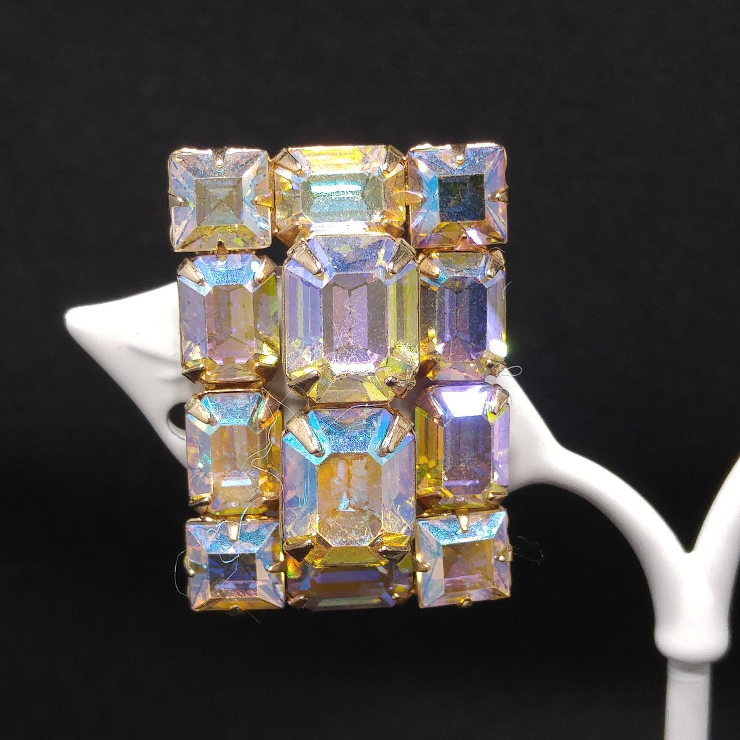 Weiss Aurora Borealis Emerald Cut Earrings, Gold Plating, 1960s Vintage Jewelry