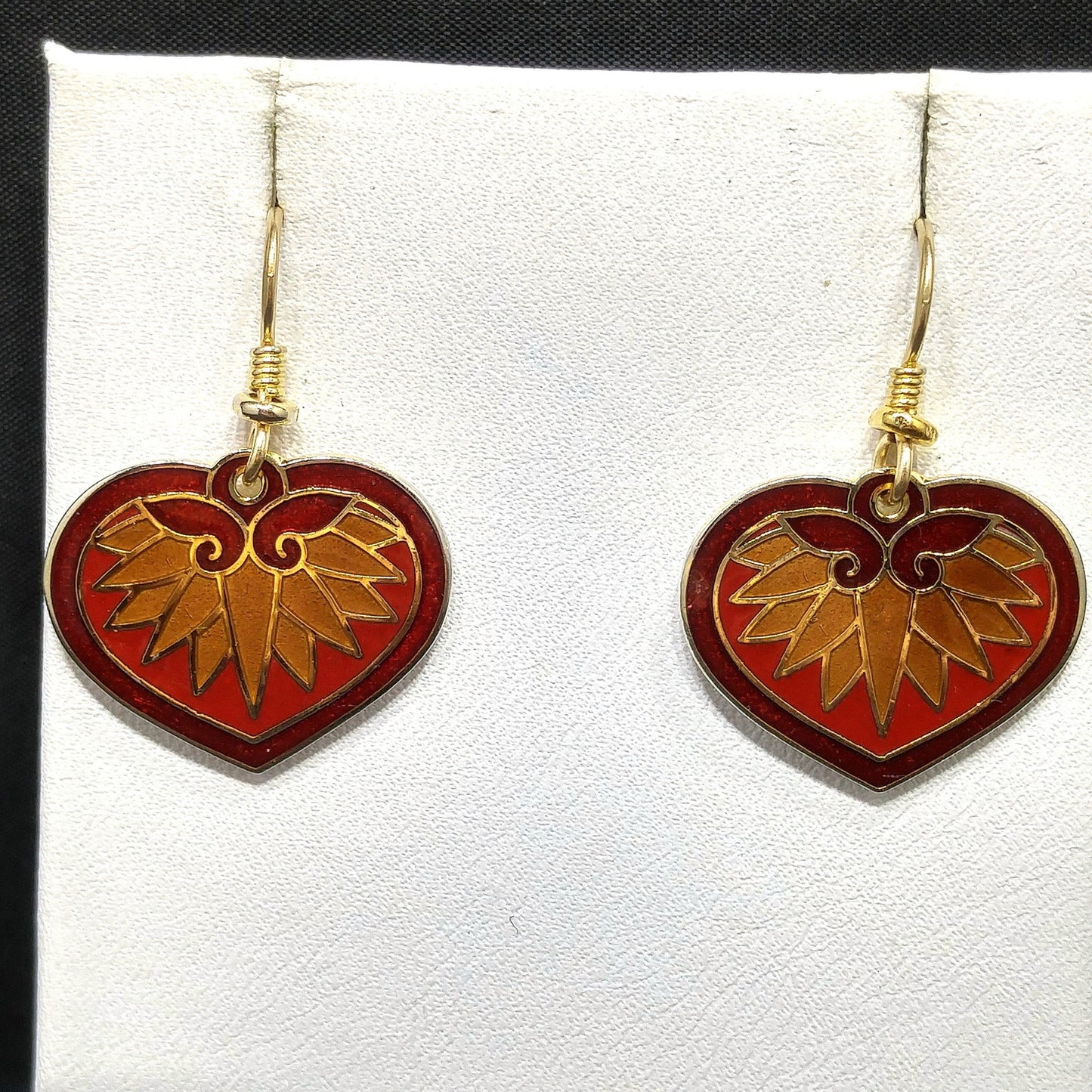 Vintage Laurel Burch Hollyhock Floral Earrings, Gold Plated Cloisonne, Red Enamel