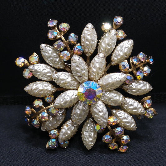 Large Flower Pearled Lava Glass Brooch, Aurora Borealis Rhinestones, 1950s Vintage Jewelry