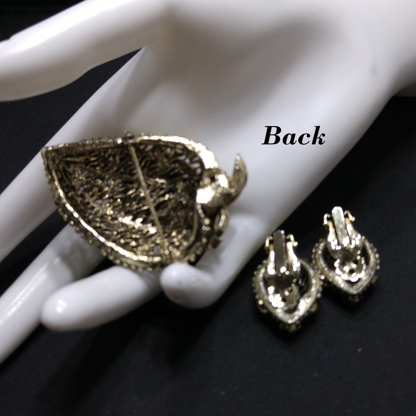 Light Topaz AB Rhinestone Leaves Brooch Earrings Set, 1970s Vintage Jewelry
