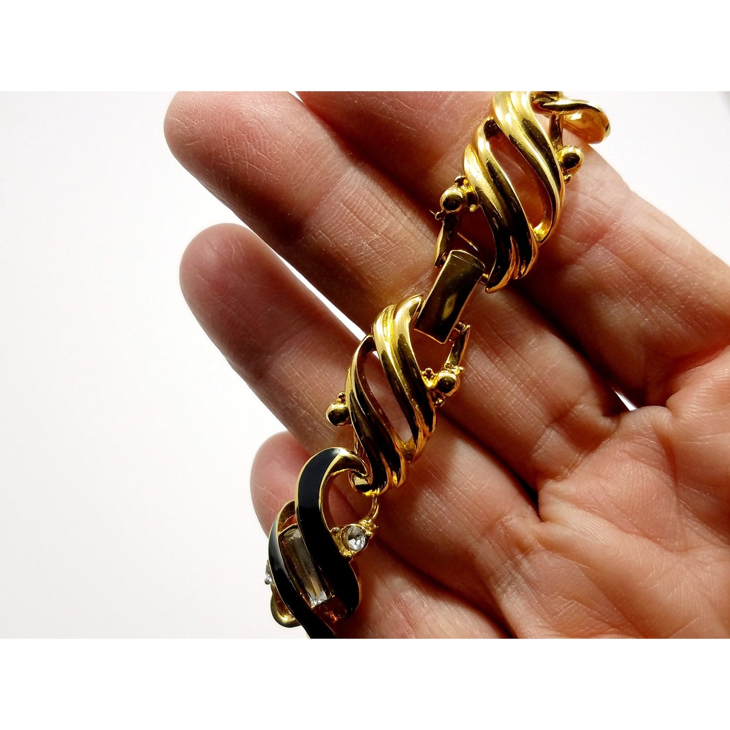 Vintage Crown Trifari Gold Plated Black Enamel Bracelet, Clear Rhinestones, 1960
