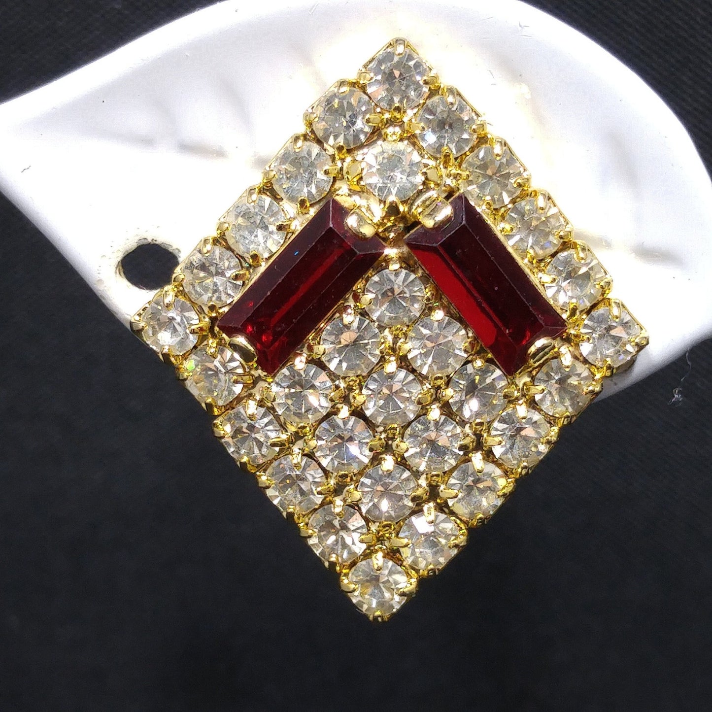Hobe' Designer Red Clear Rhinestone Clip Earrings, Gold Plated, 1960s Vintage Jewelry