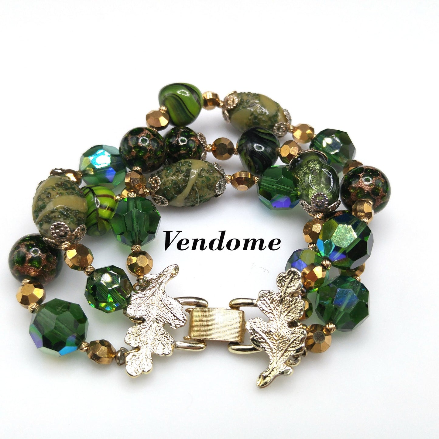Vintage Vendome Green Crystal Art Bead Bracelet, Three Strands, 1960s