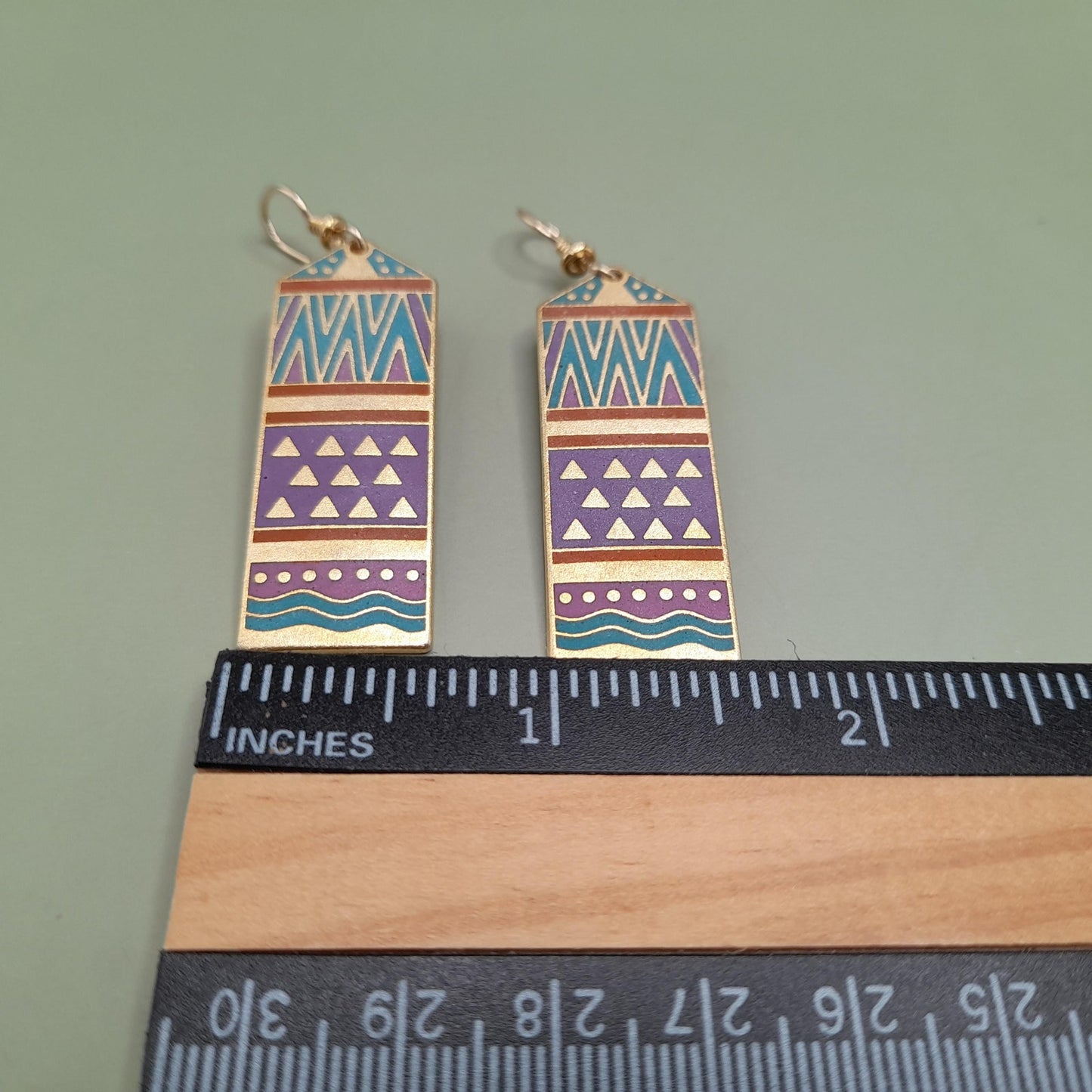 Vintage Laurel Burch "Umbla" Geometric Earrings, 2 3/8 Inch, Gold Plated, 1980s