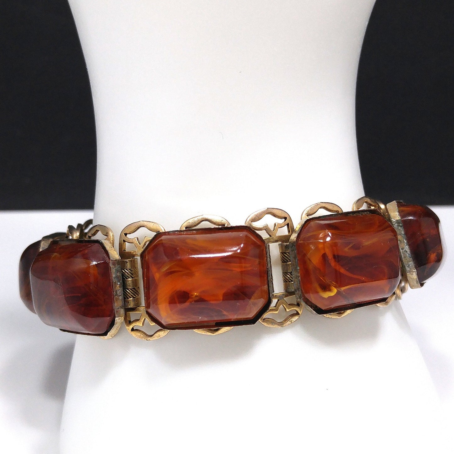 Book Chain Brown Art Glass Bracelet, Victorian Revival, Gold Plated, 1950s Vintage Jewelry