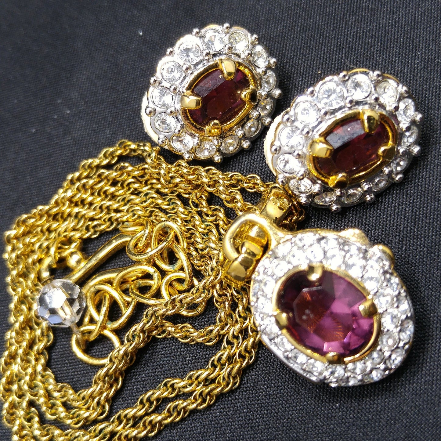 Vintage Swarovski Swan Logo Purple Crystal Locket Necklace & Earrings Set 1990s
