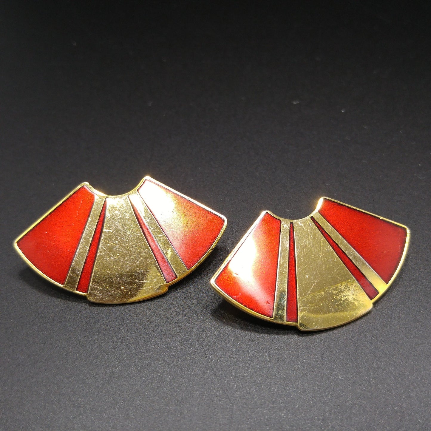 Laurel Burch Red Fan Post Earrings, Gold Plated, Red Metallic Enamel, 1980s