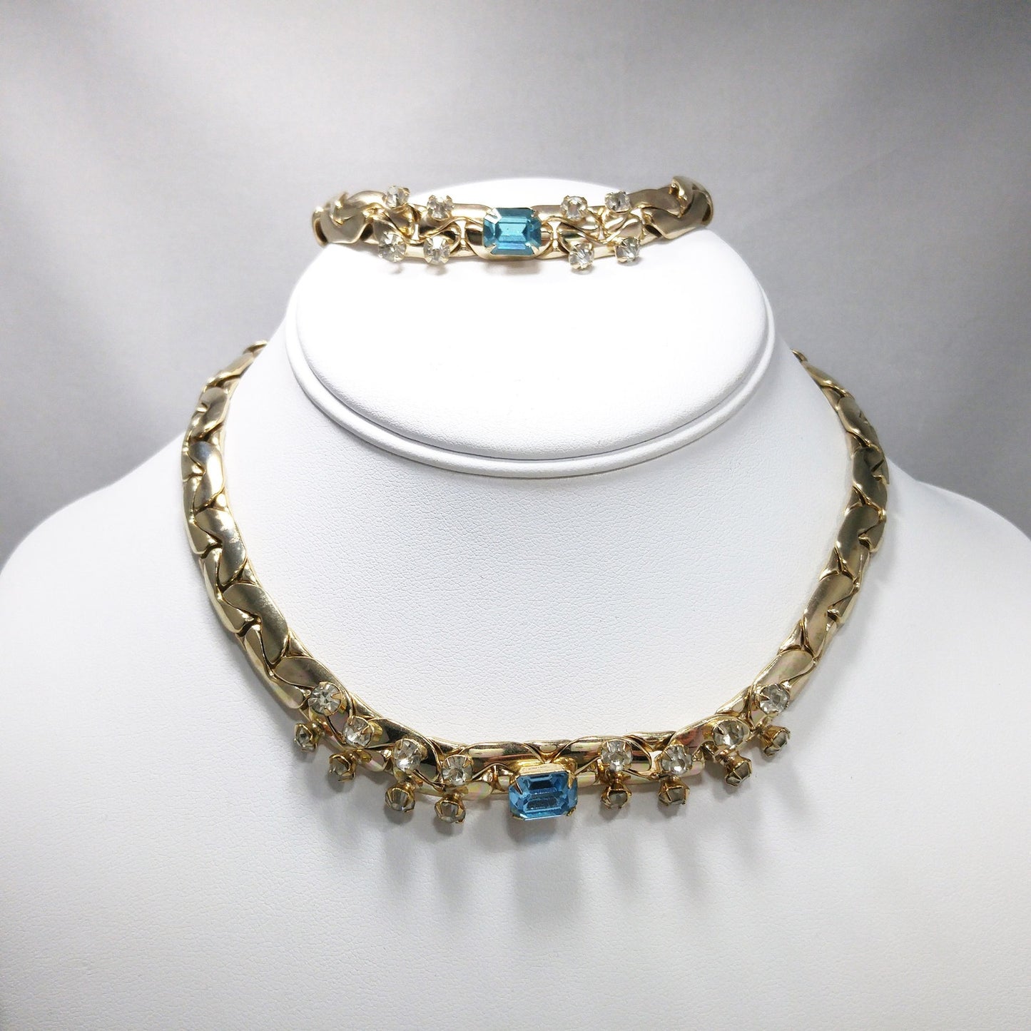 Vintage Gold Tone Chain Rhinestone Necklace & Bracelet Set, Sky Blue