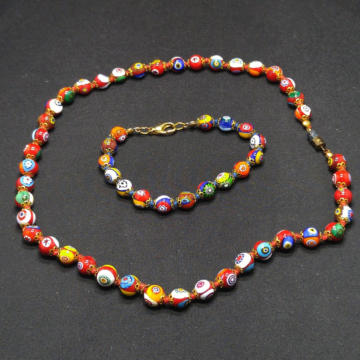 Murano Millefiori Beaded Necklace Bracelet Set, Hand Blown Glass, Hand Knotted in Red, 1950s Vintage Jewelry