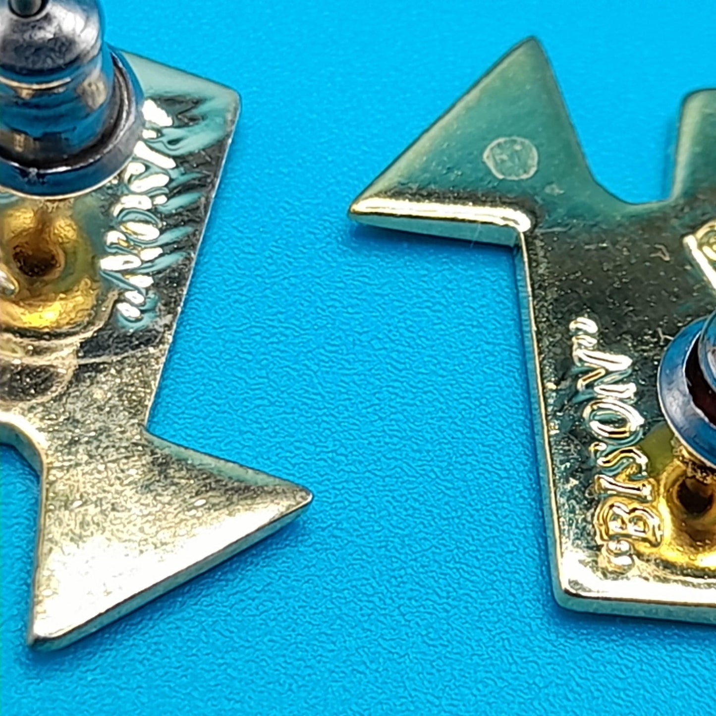 Vintage Laurel Burch "Bison" Post Earrings, Black Blue Enamel, Gold Plated
