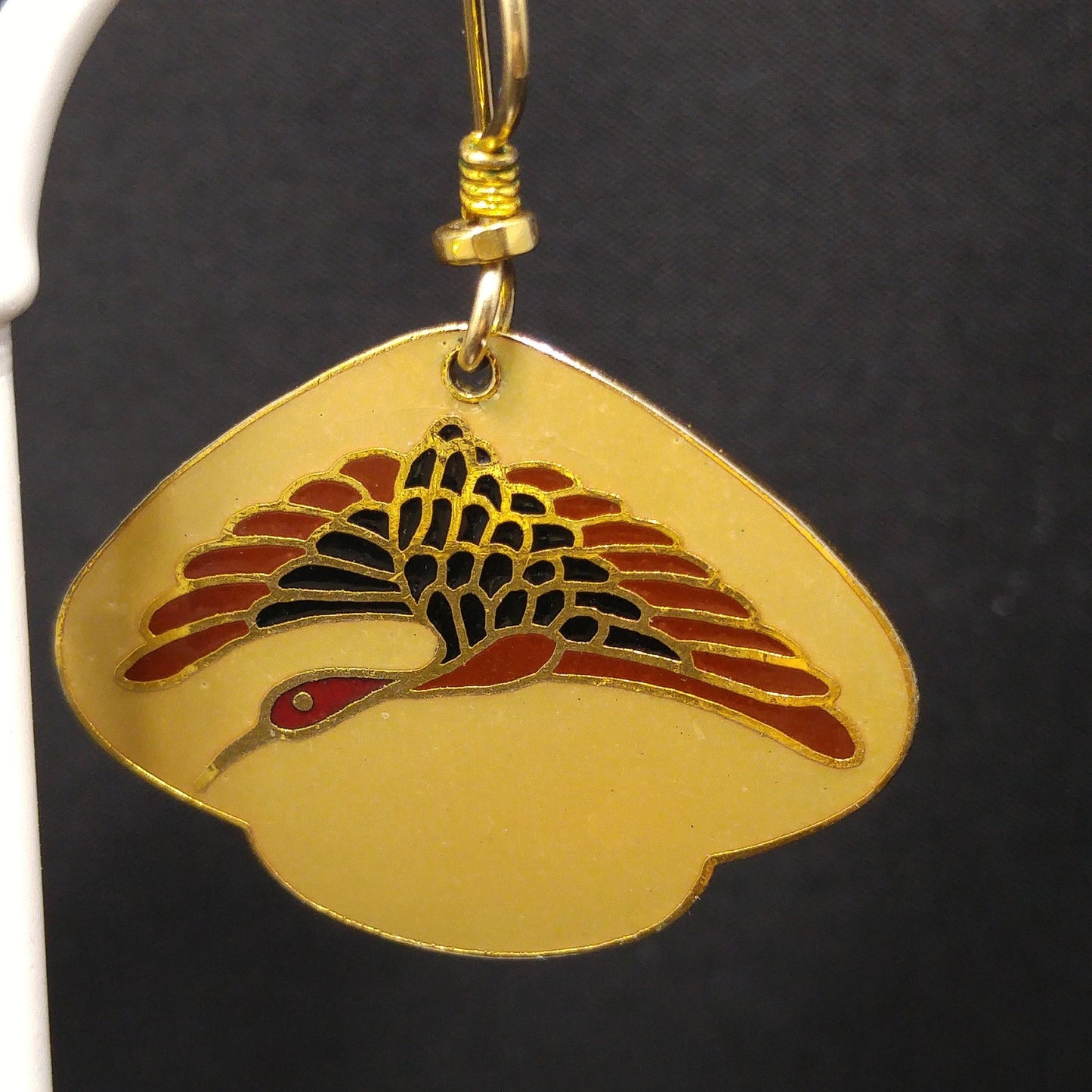 Vintage Laurel Burch Crane Bird Earrings, Gold Plated, Enamel Tan Dark Red Black