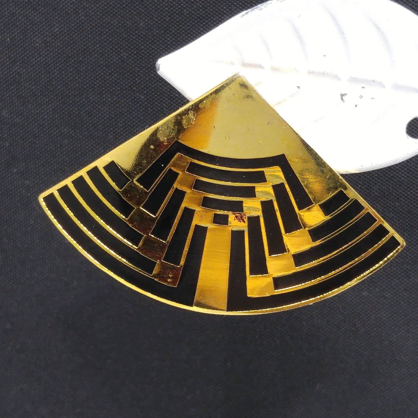 Vintage Laurel Burch Large Fan Post Earrings, Black Enamel, Gold Plated