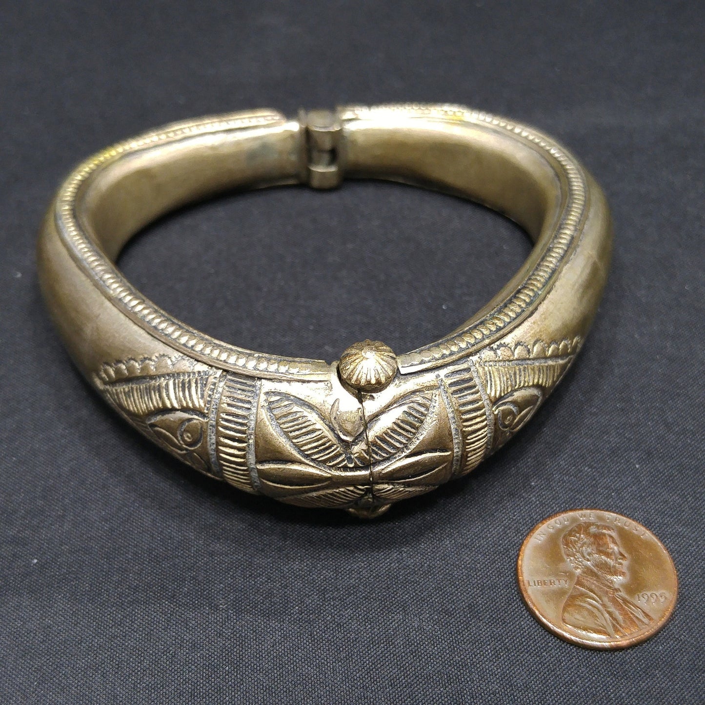Tribal Embossed Hinged Bracelet, Plunger or Pin Clasp, Gold Wash, 1940s Vintage Jewelry