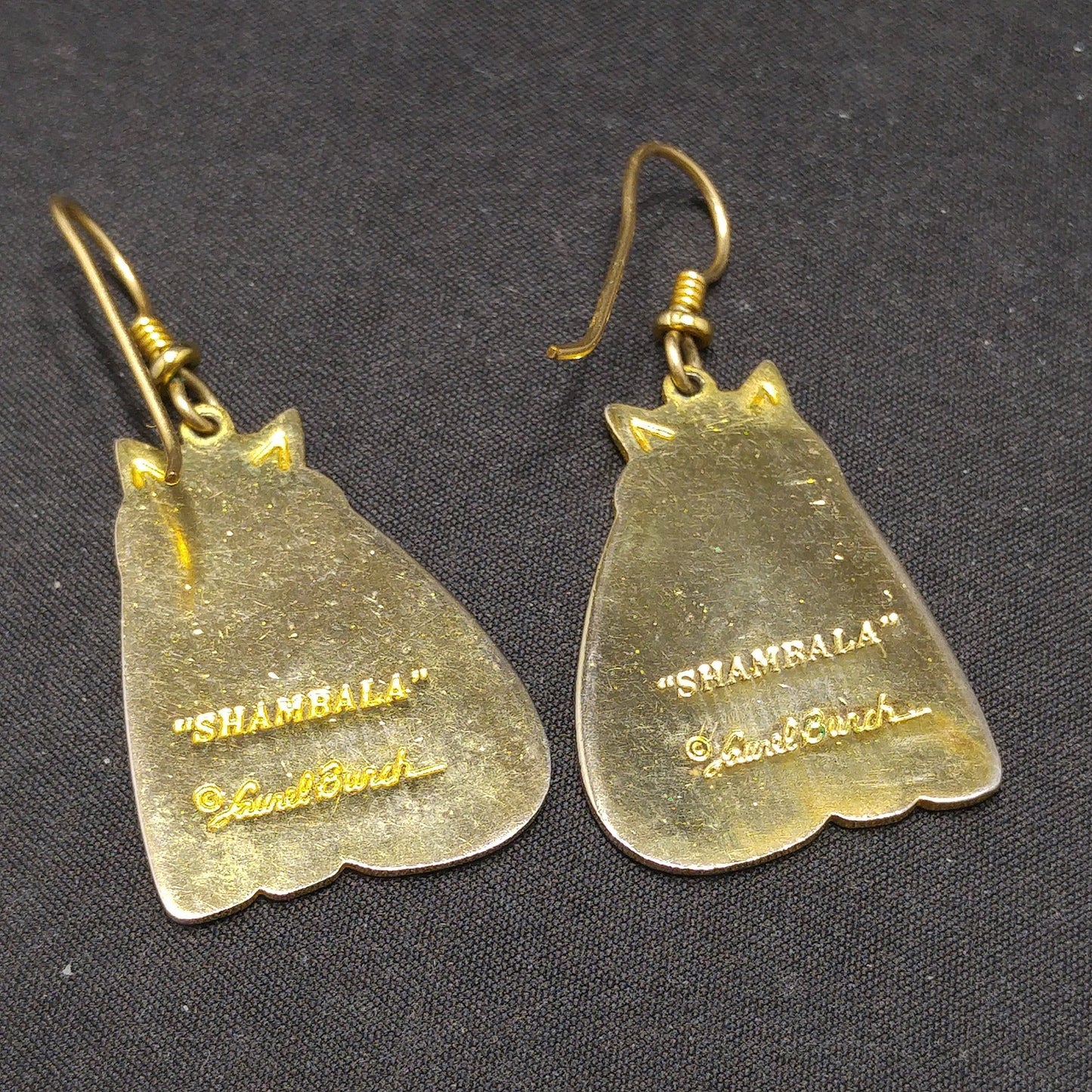 Laurel Burch Shambala Cat Earrings, White Gray Enamel, Gold Plated, 1980s Vintage Jewelry