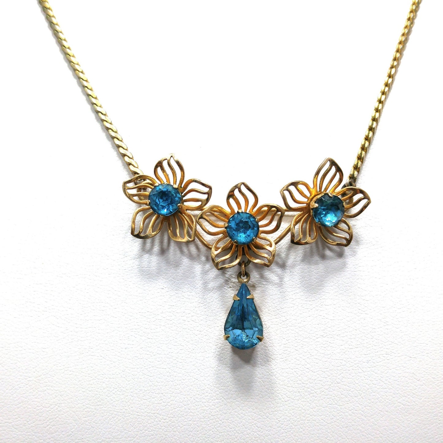 Van Dell Turquoise Rhinestone Necklace, 12K Gold Filled, 1940s Vintage Jewelry