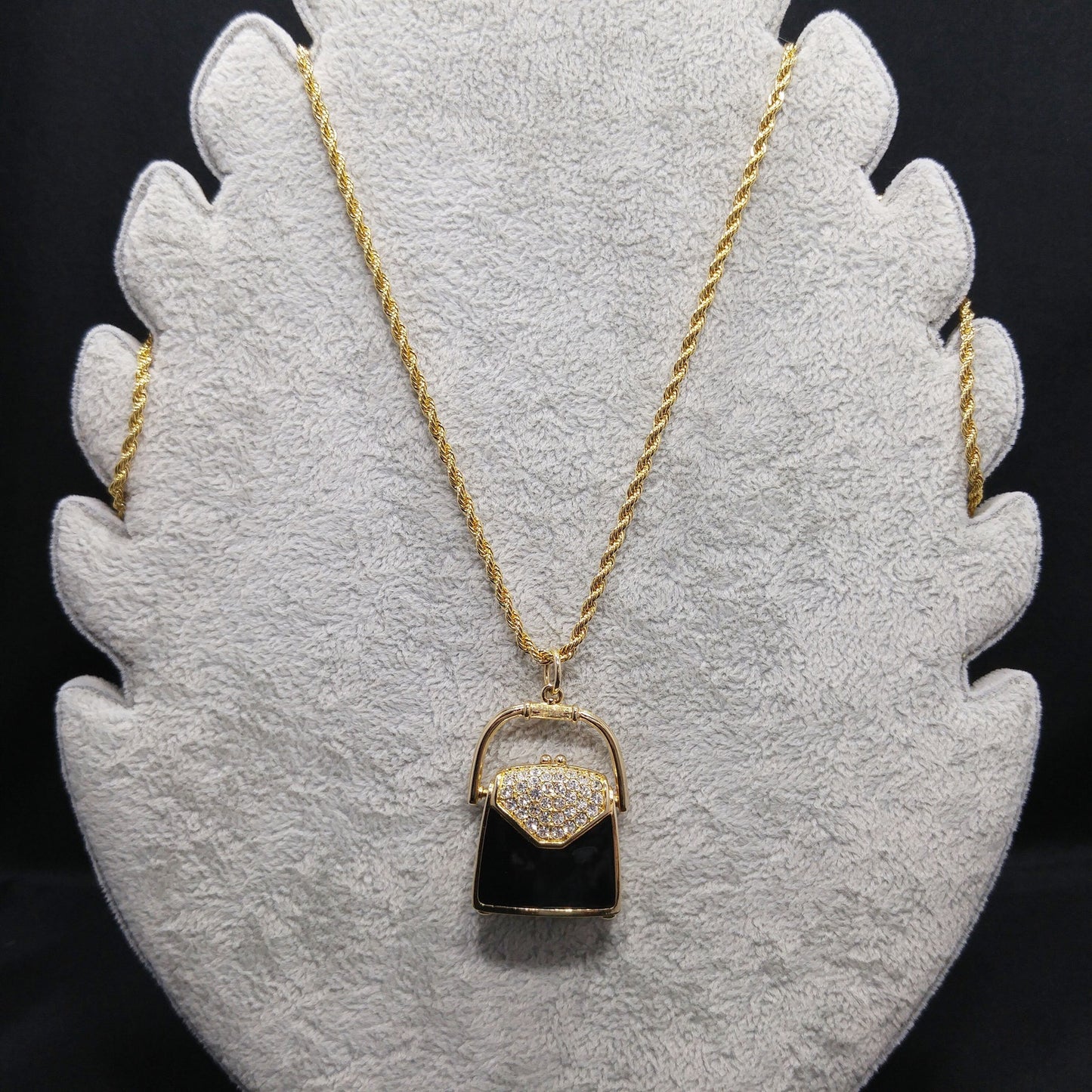 Swarovski Purse Pendant Necklace, Black Enamel & Crystal Handbag Locket, Vintage 1980s Jewelry