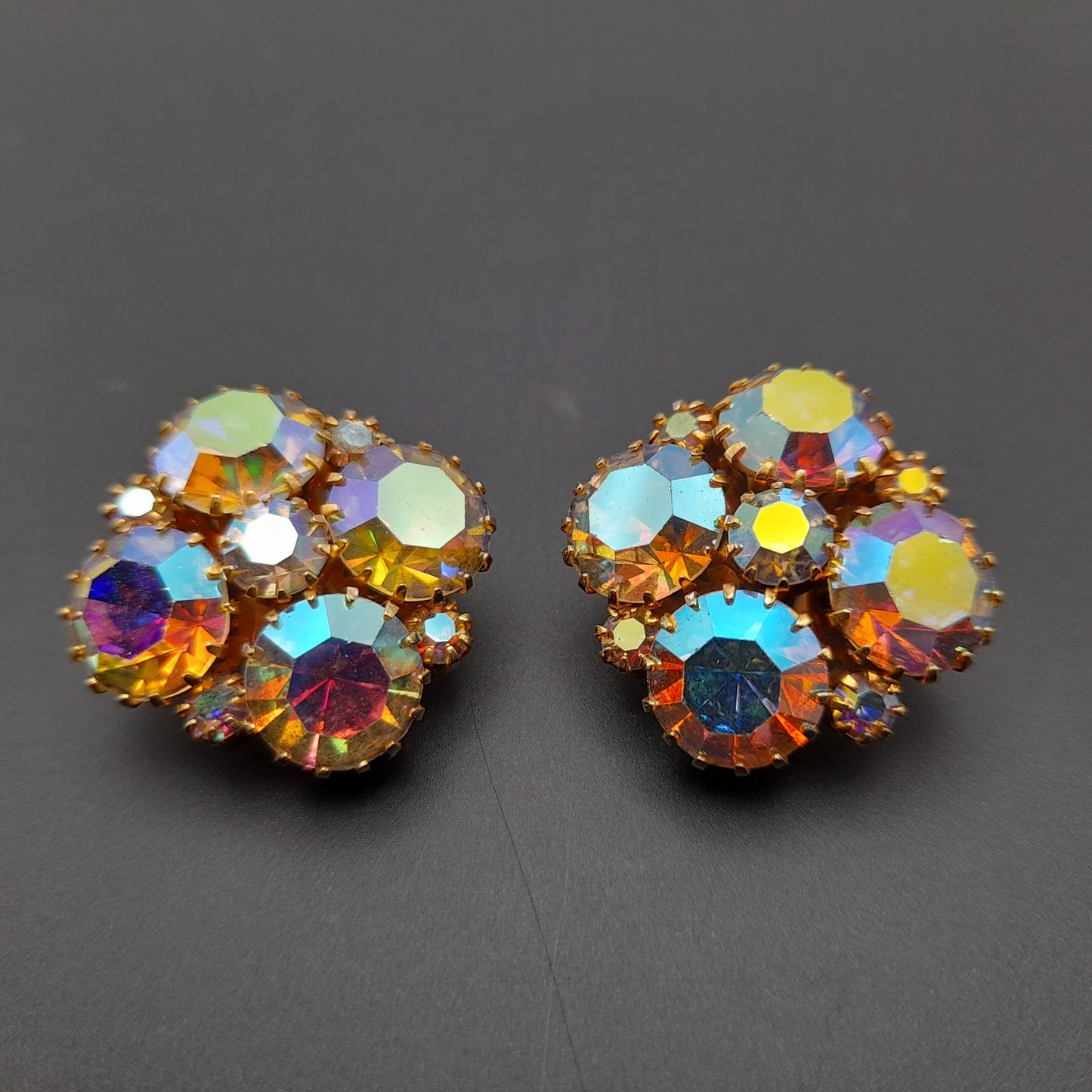Vintage Aurora Borealis Rhinestone Clip On Earrings 1960s