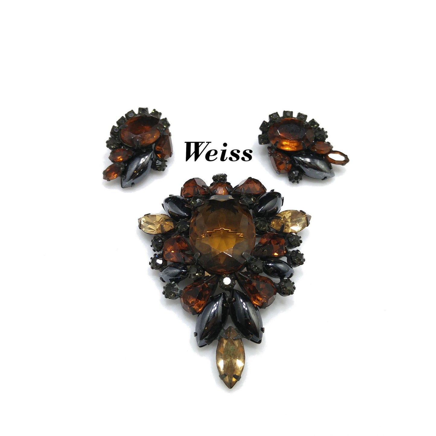 Weiss 1960s Japanned Topaz Rhinestone Brooch & Earrings Set – Faux Hematite Accents