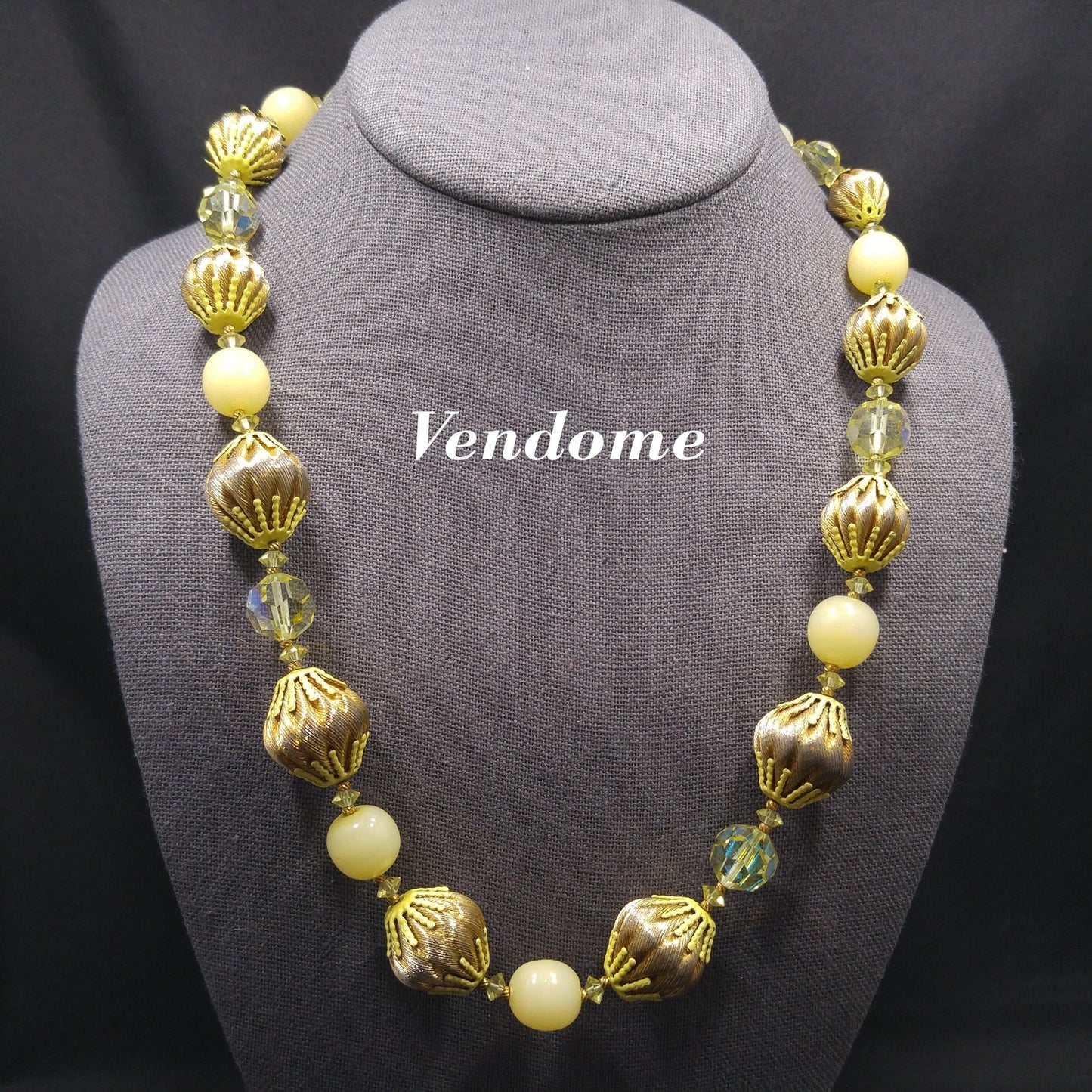 Vendome Gold Twist & AB Crystal Bead Necklace, Yellow Bead Caps, Gold Plated, 1960s Vintage Jewelry