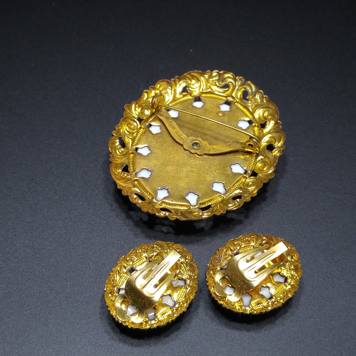 Western Germany Vintage Brooch Earrings Set Portrait Transfer on Glass Gold Tone