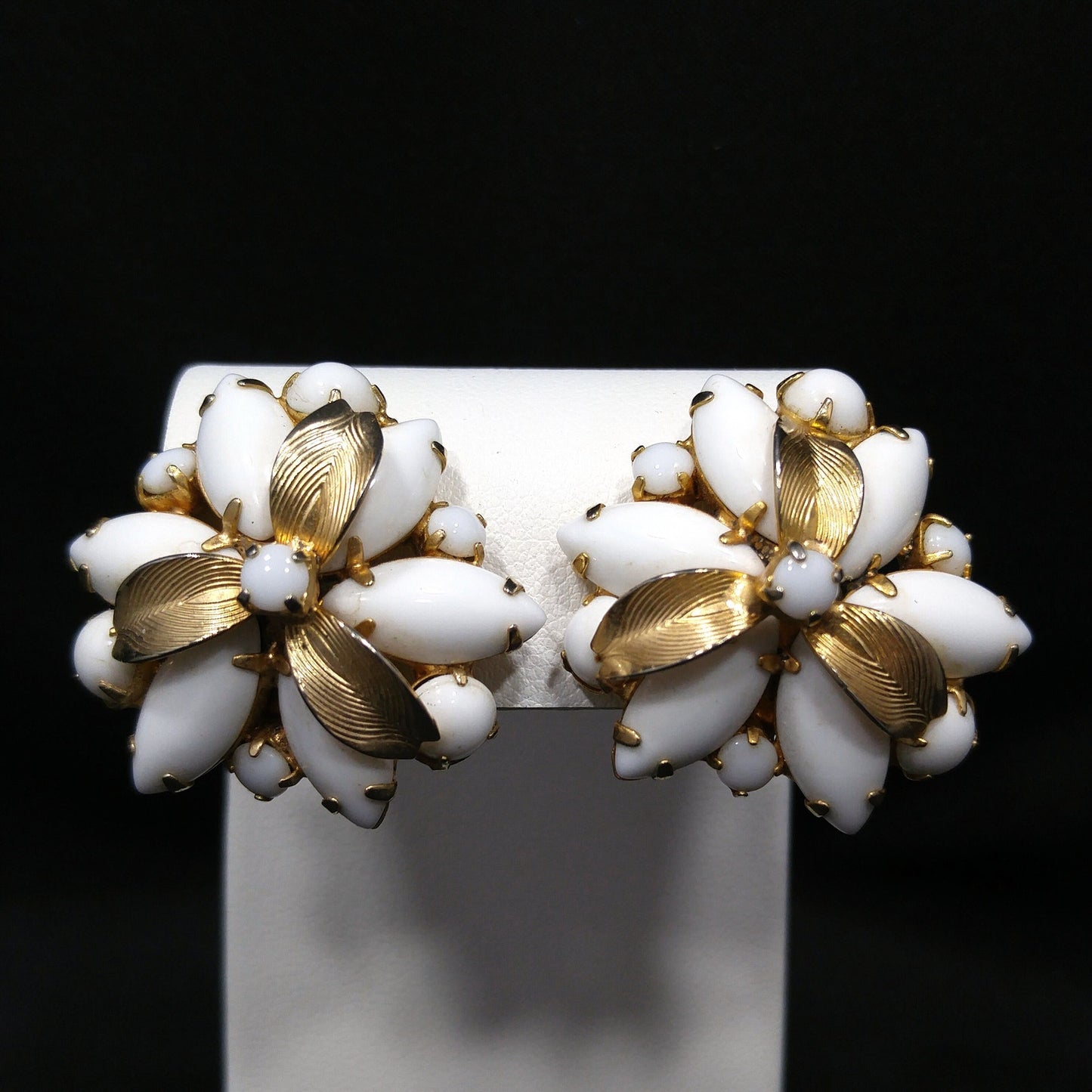Weiss Milk Glass Gold Plated Flower Earrings, 1960s Designer Vintage Jewelry