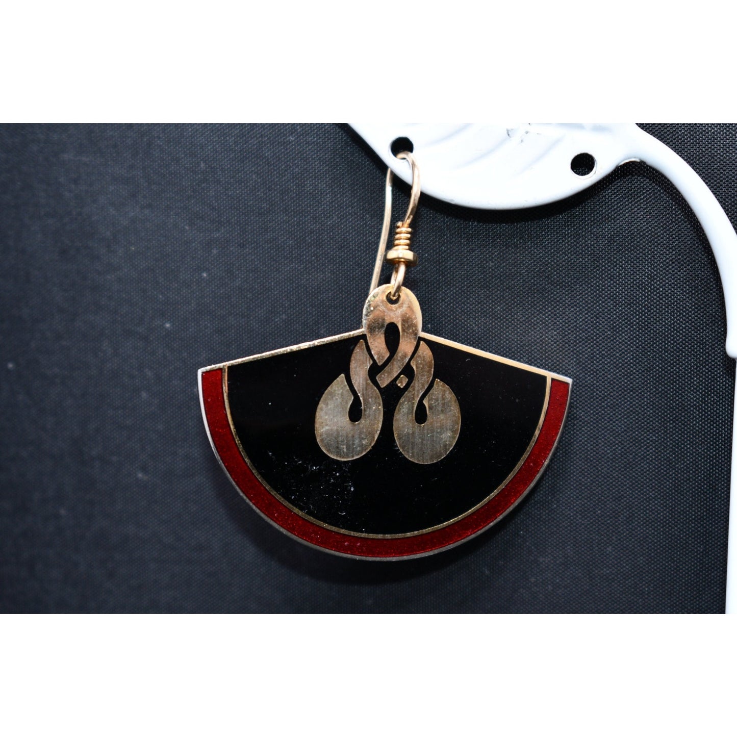 Laurel Burch Large Fan Love Knot Earrings, Cloisonne Gold Plated, Enamel Red Black, 1980s Vintage Jewelry
