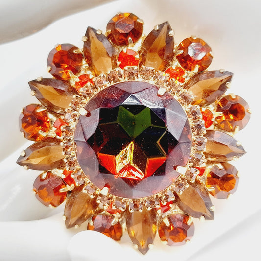Vintage Amber Rhinestone Brooch, Autumn Colors, Gold Plated, 1950s