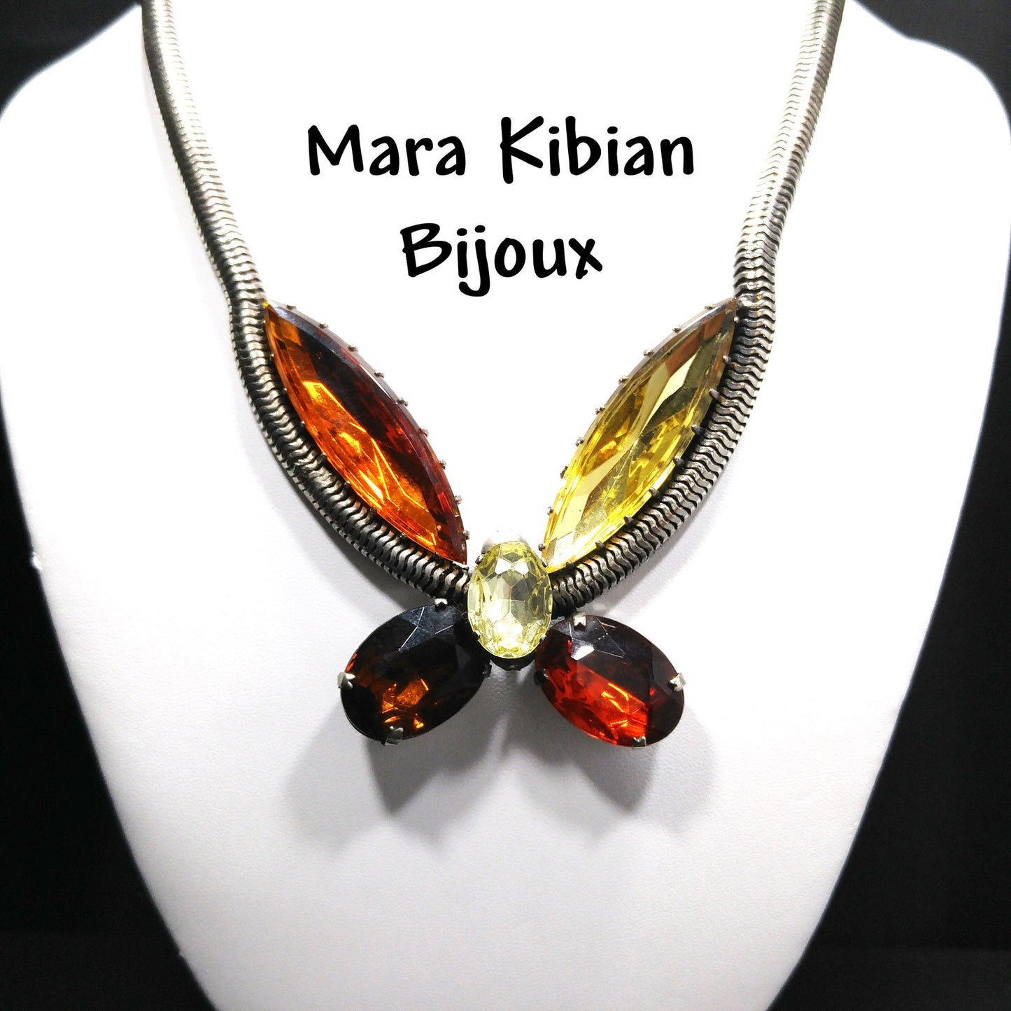Large Rhinestone Butterfly Necklace, Mara Kibian Bijoux Jewelry, Snake Chain