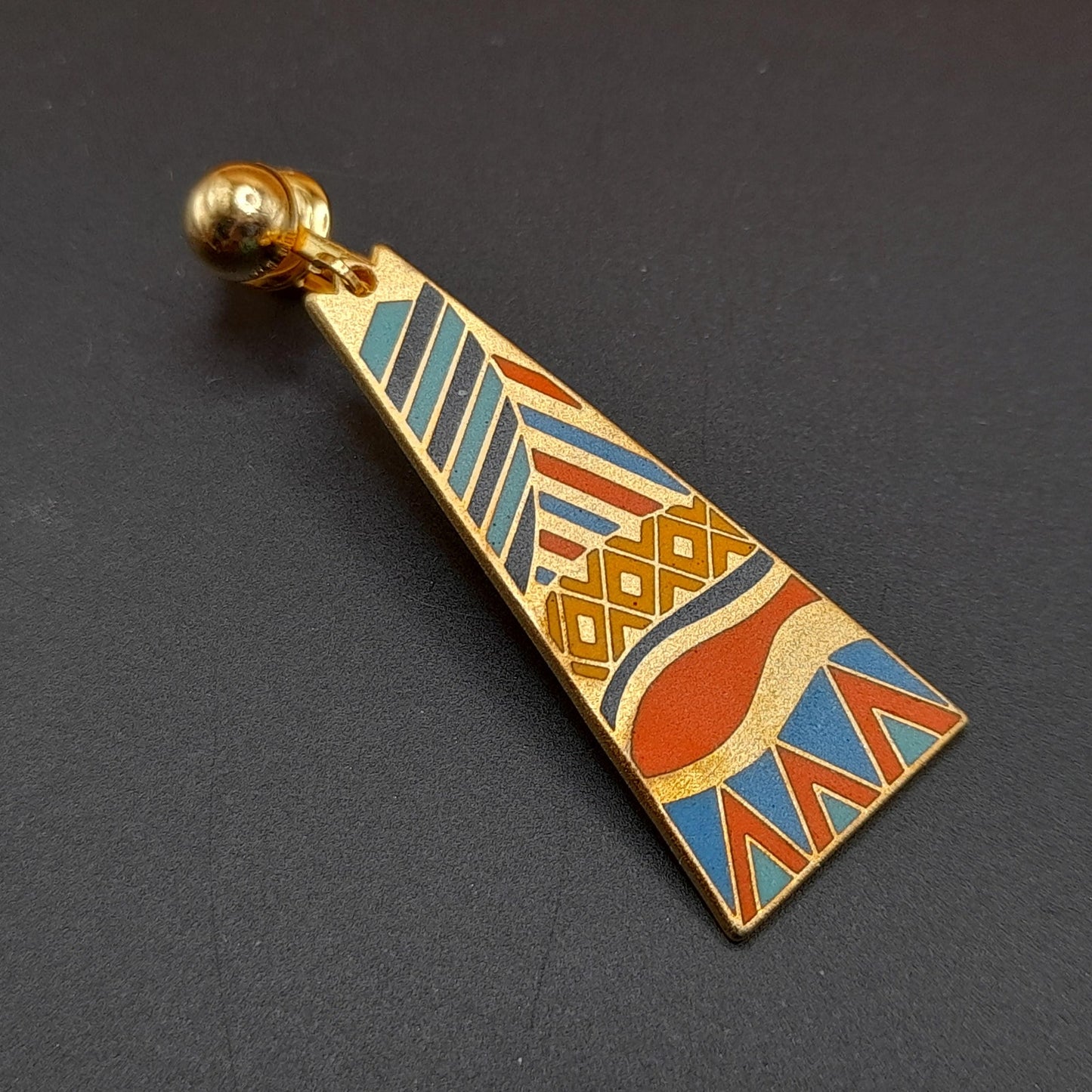 Laurel Burch "Java" Geometric Clip Earrings, Gold Plated Cloisonne Enamel, 1980s Vintage Jewelry