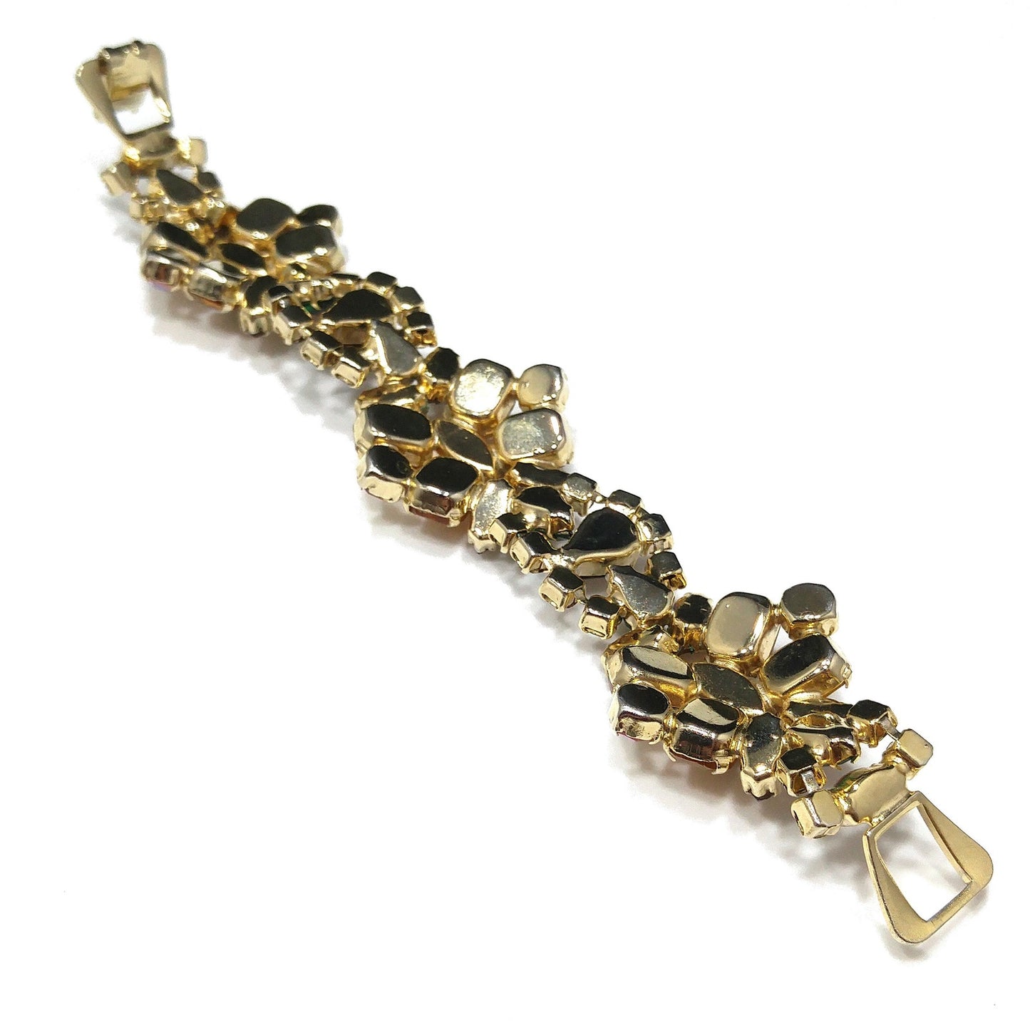 Light Topaz & Green Rhinestone Bracelet, Gold Plated, Aurora Borealis, 1960s Vintage Jewelry
