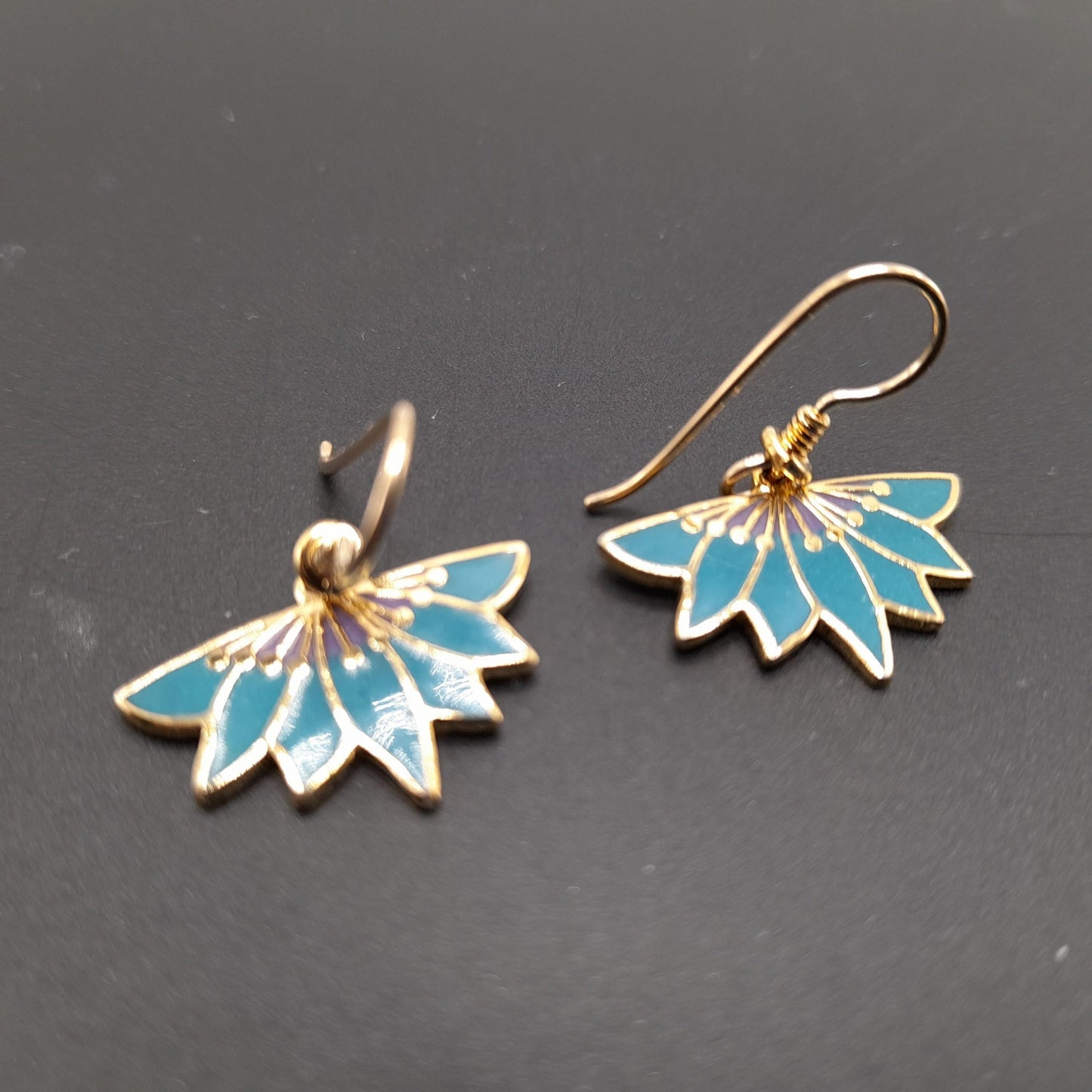 Vintage Laurel Burch Floral Earrings, Gold Plated, Teal Green Enamel