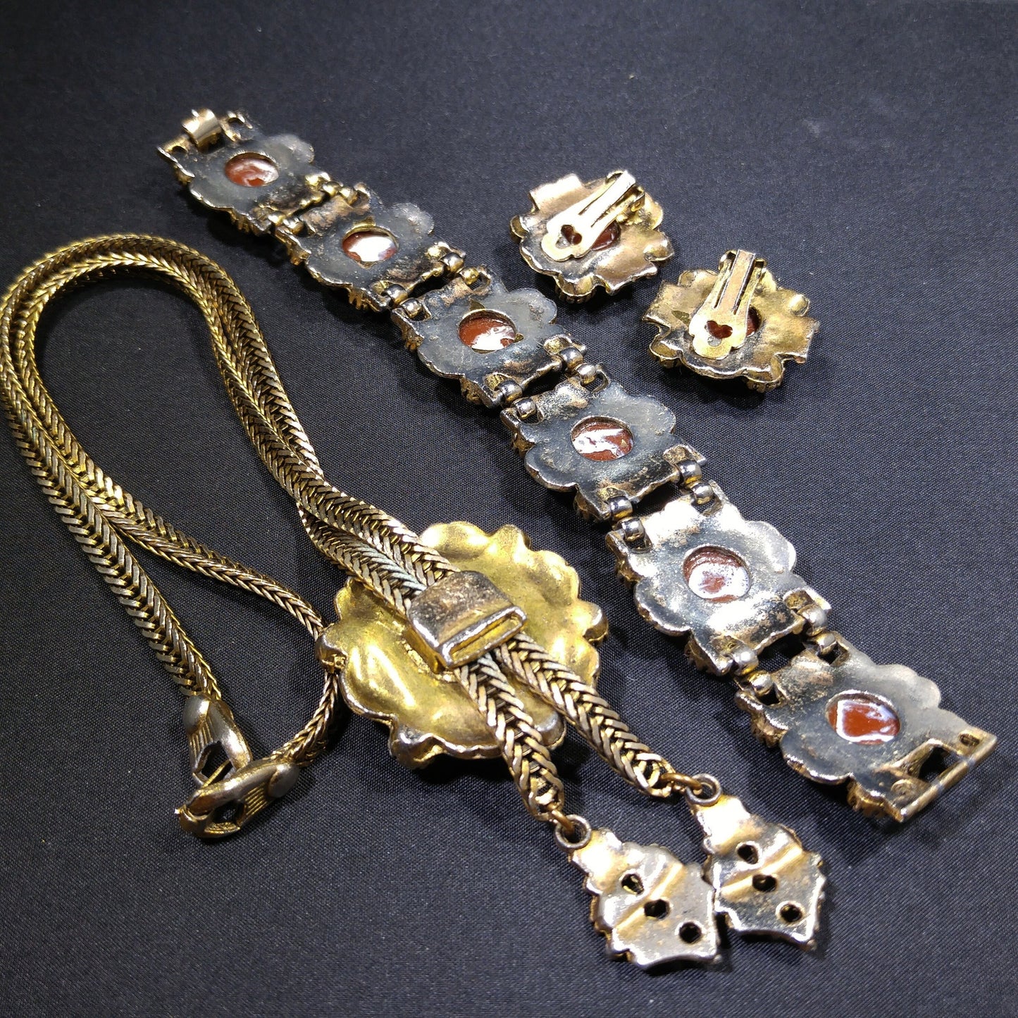 Glitter Lucite Light Topaz Rhinestones Jewelry Set, Necklace Bracelet Clip Earrings, 1950s Vintage Jewelry