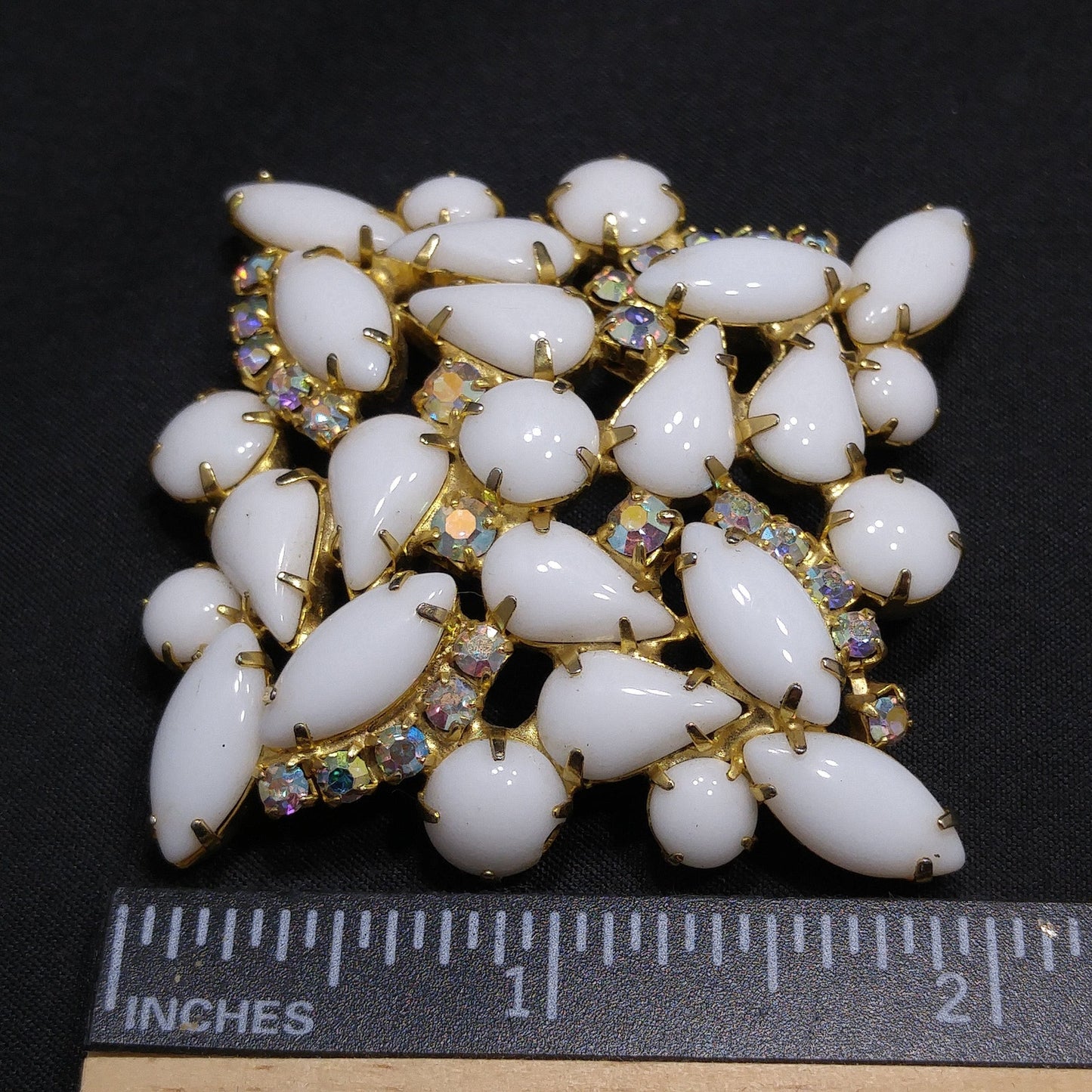 White Milk Glass AB Rhinestones Brooch, Aurora Borealis, Gold Plated, 1960s Vintage Jewelry