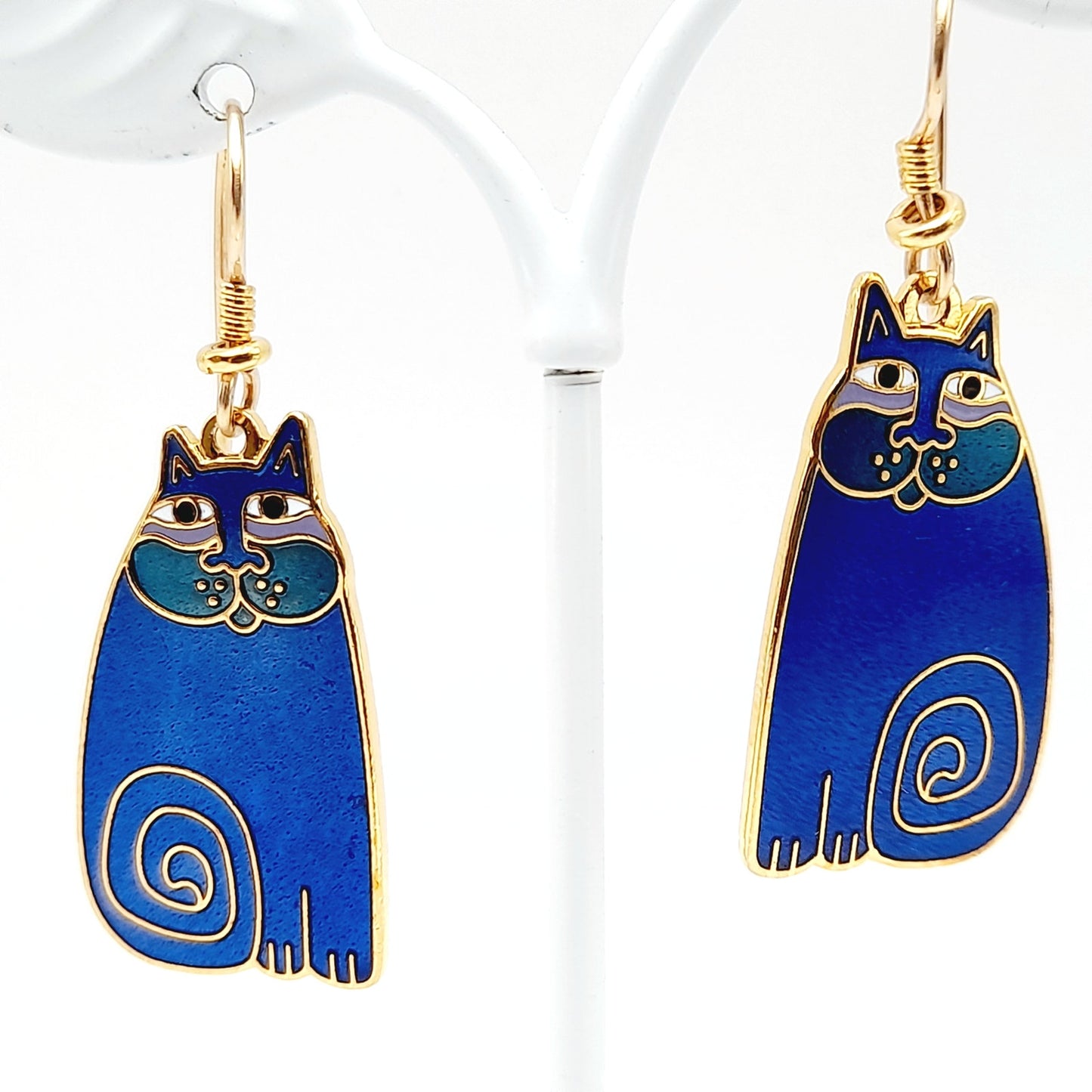 Vintage Laurel Burch Olivia Blue Cat Earrings Gold Plated