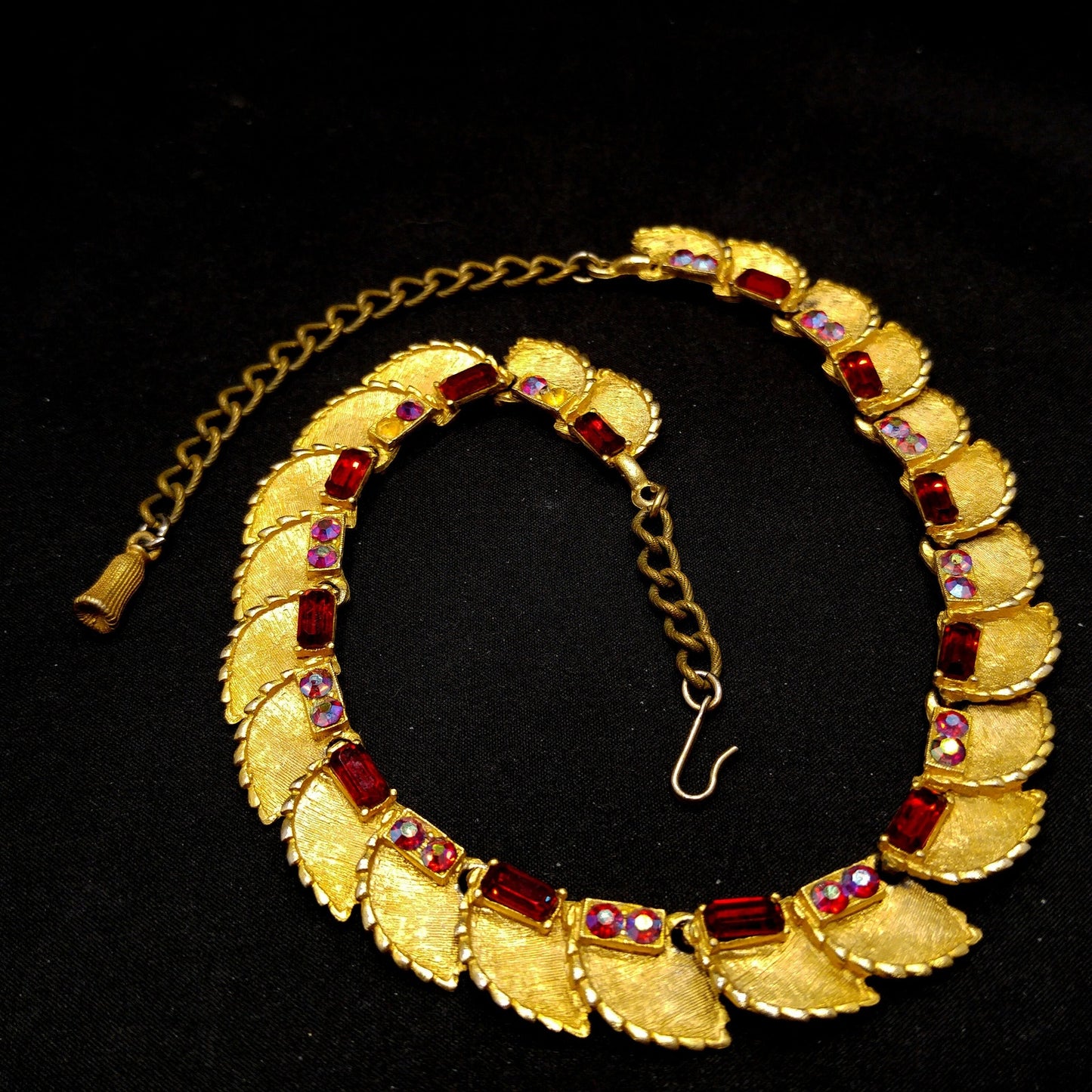 B.S.K. Red Rhinestone Choker Necklace, Aurora Borealis, 1960s Vintage Jewelry