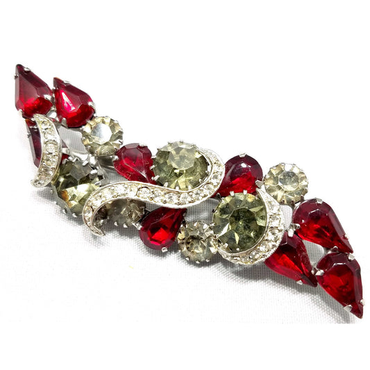 Vintage Red Rhinestone Brooch, Rhodium Plated, Ribbon Design, 1960s Vintage Jewelry