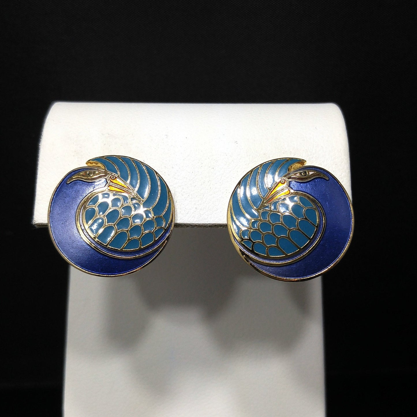 Laurel Burch "Mynah Bird" Blue Post Earrings, Gold Plated Cloisonné, 1980s