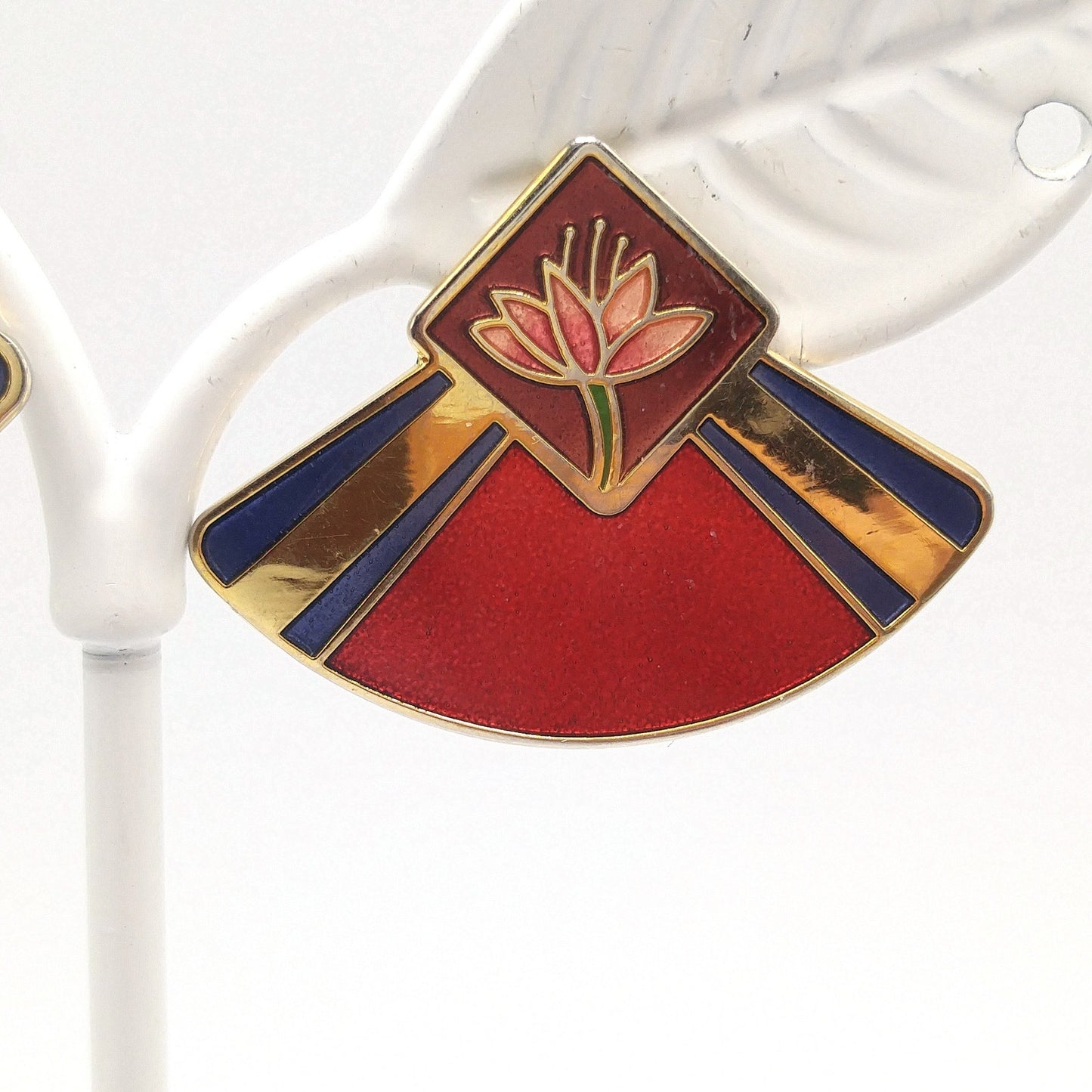 Vintage Laurel Burch "Water Lily" Post Earrings, Gold Plated, Enamel Red Purple
