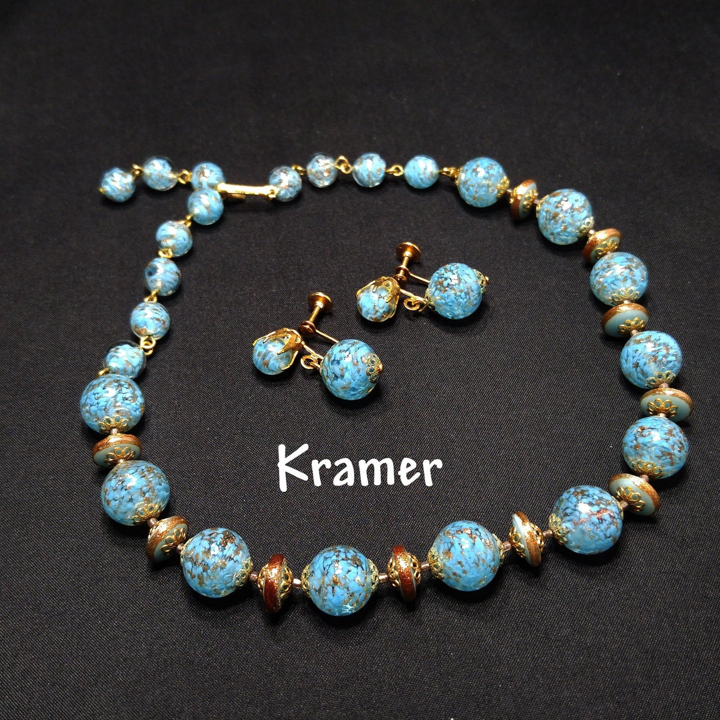 Kramer Turquoise Gold Beaded Necklace & Earrings Set, Gold Glitter Murano Glass
