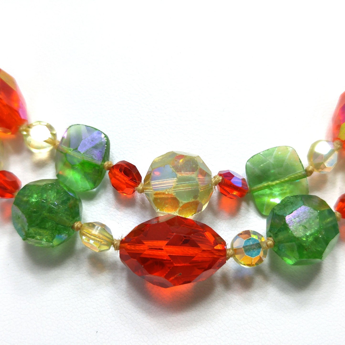 Crystal & Molded Glass Beaded Necklace, Orange Green Yellow, 1950s Vintage Jewelry