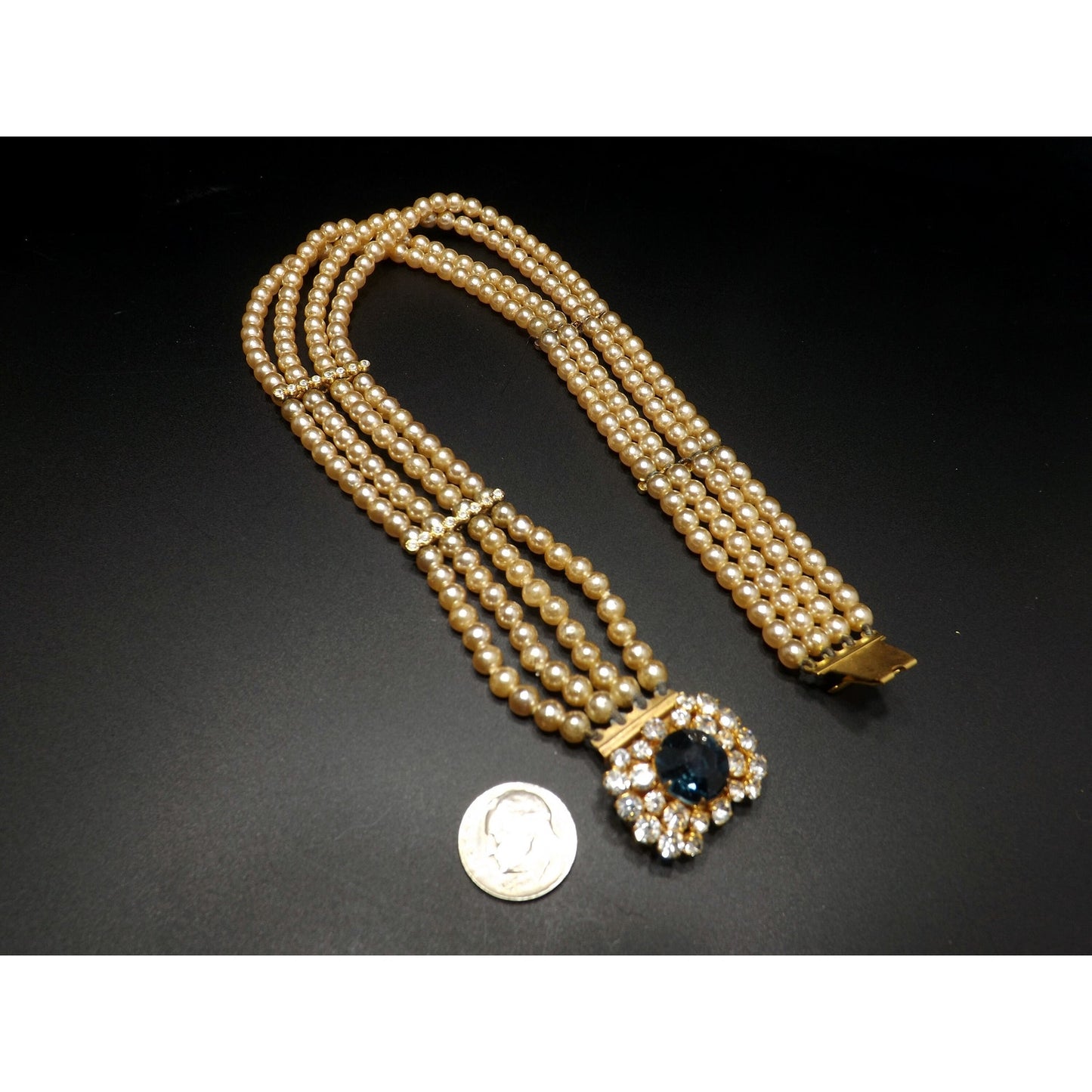 Blue Rhinestone Faux Pearl Collar Necklace, Three Strands, 14 Inches, 1950 Vintage Jewelry