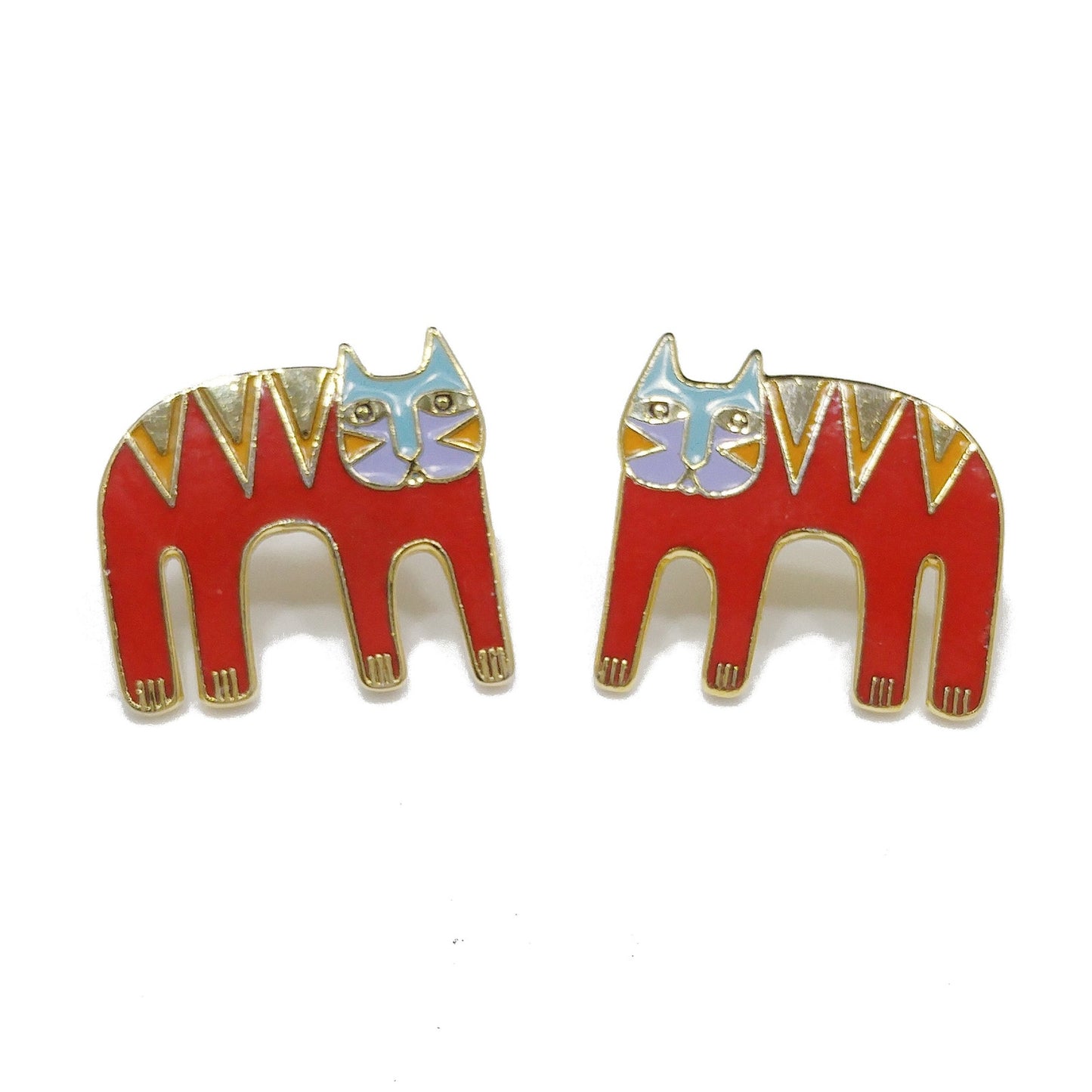 Vintage Laurel Burch Red Cat Post Earrings, Gold Plated Enamel