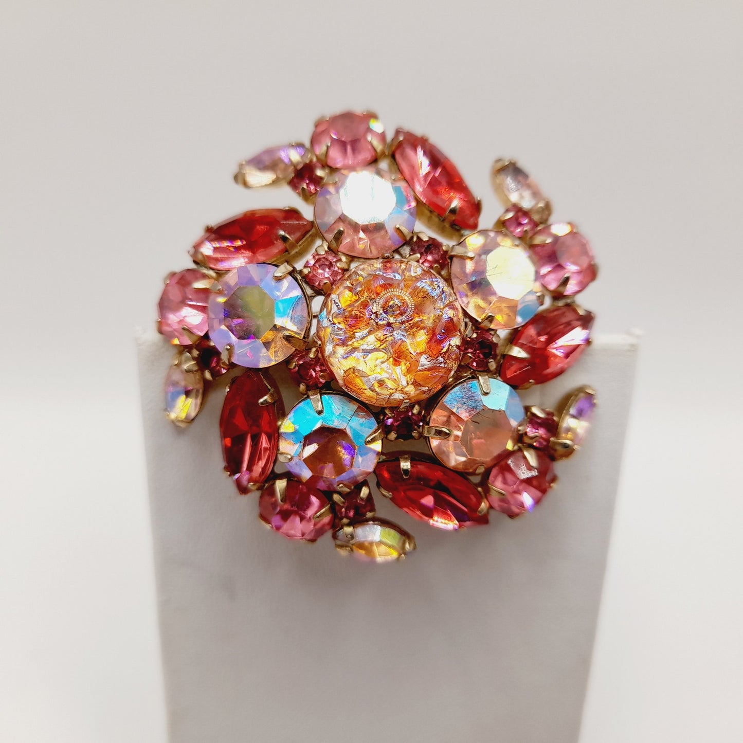 Vintage Pink Rhinestone Brooch, Dragon’s Breath Glass, Gold Tone, 1950s