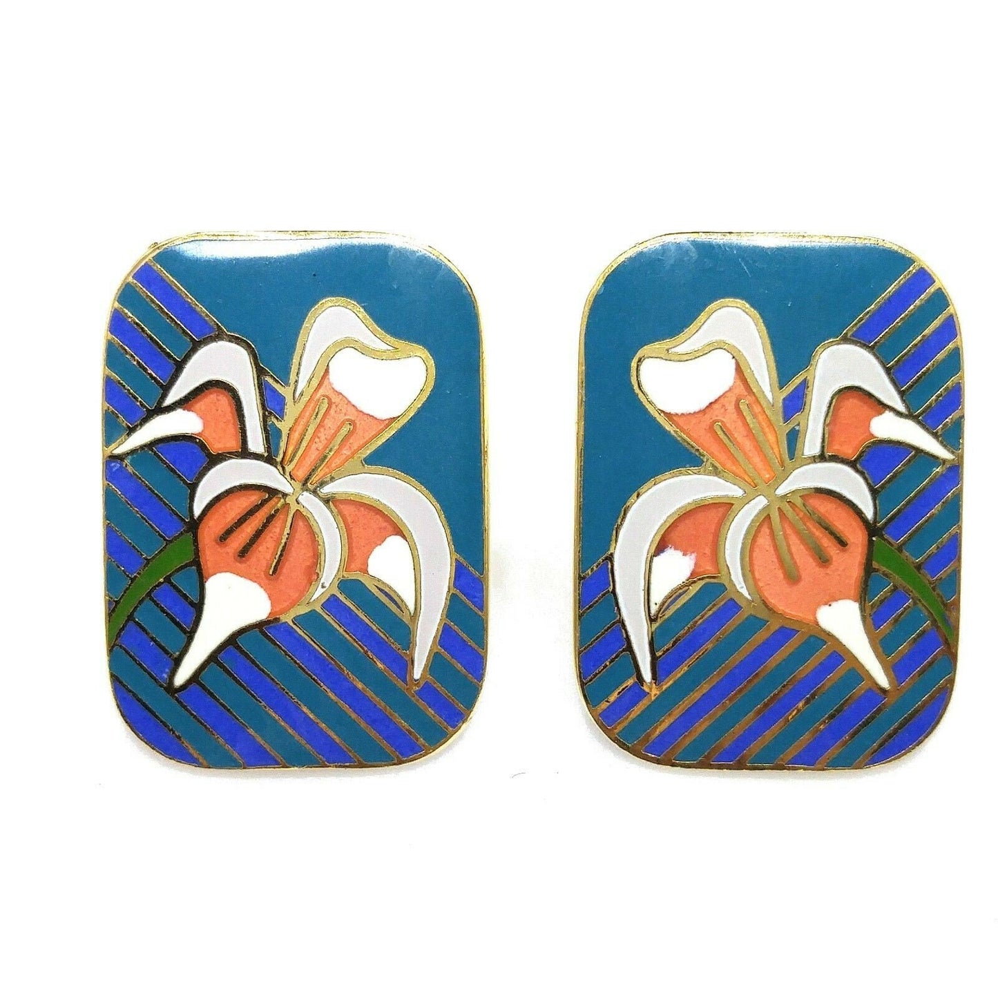 Laurel Burch Gold Plate "Iris" Teal Blue & Orange Enamel Cloisonne, 1980s