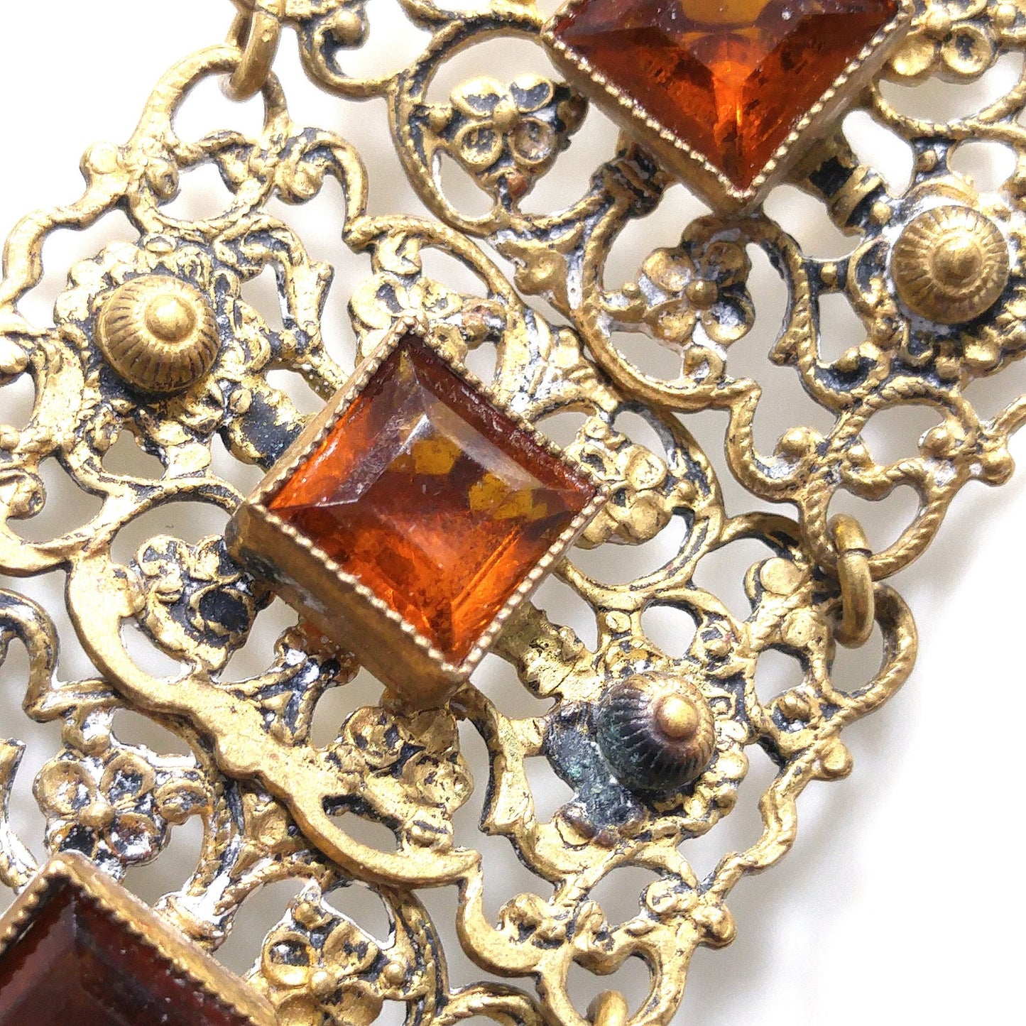 Vintage Filigree Topaz Glass Link Wide Bracelet, Built in Hook On Back, Antique 1920s Vintage Jewelry