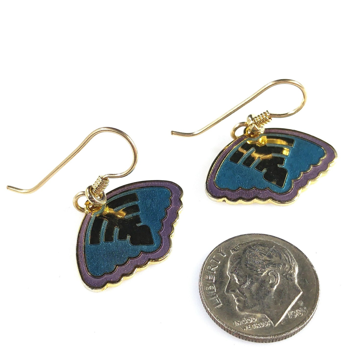Vintage Laurel Burch Teal & Purple Enamel Drop Earrings, Gold Plated