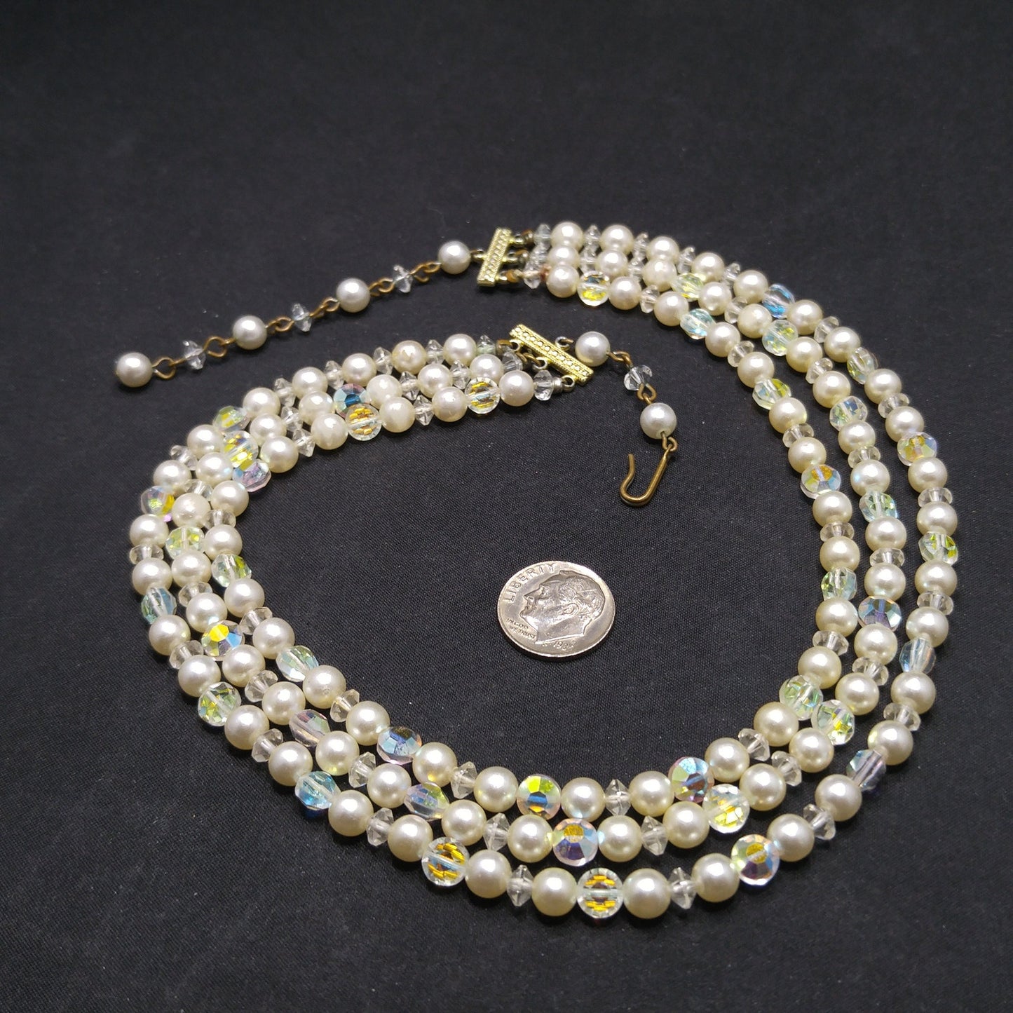 Mid-Century Crystal Faux Pearl Necklace, Three Strands, 1950s Vintage Jewelry