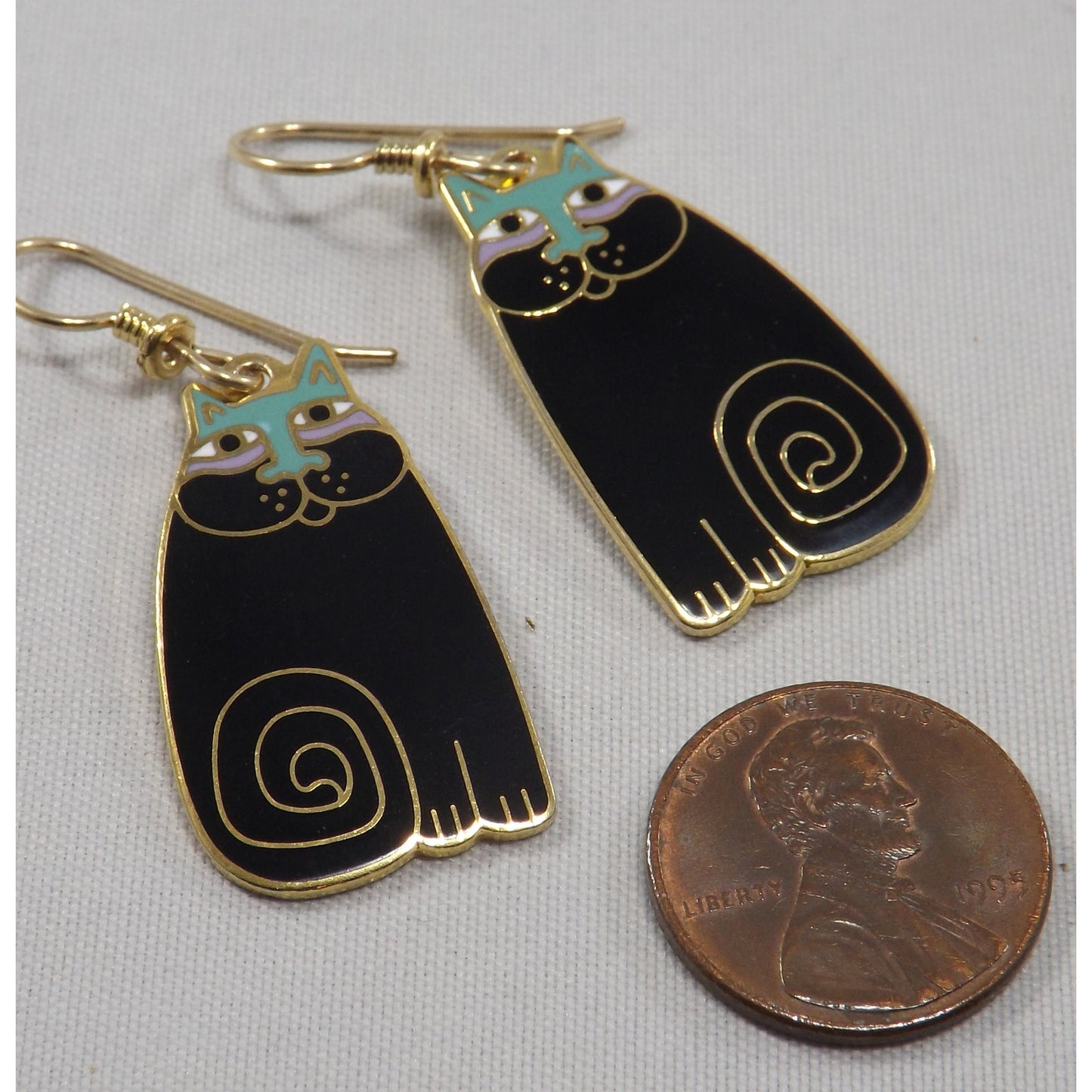 Laurel Burch "Olivia" Cat Earrings, Gold Plated, Black Enamel, 1980s Vintage