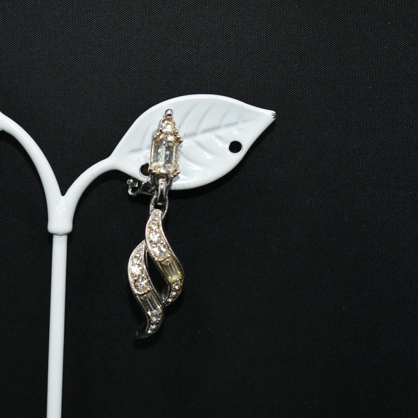 Bogoff Clear Rhinestone Clip Dangle Earrings, Rhodium Plated, Wedding Earrings, 1950s Vintage Jewelry