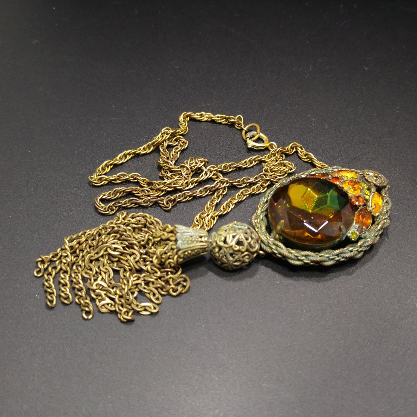 Victorian Purple Topaz Glass Pendant Necklace, Golden Brass, 1920s Vintage Jewelry